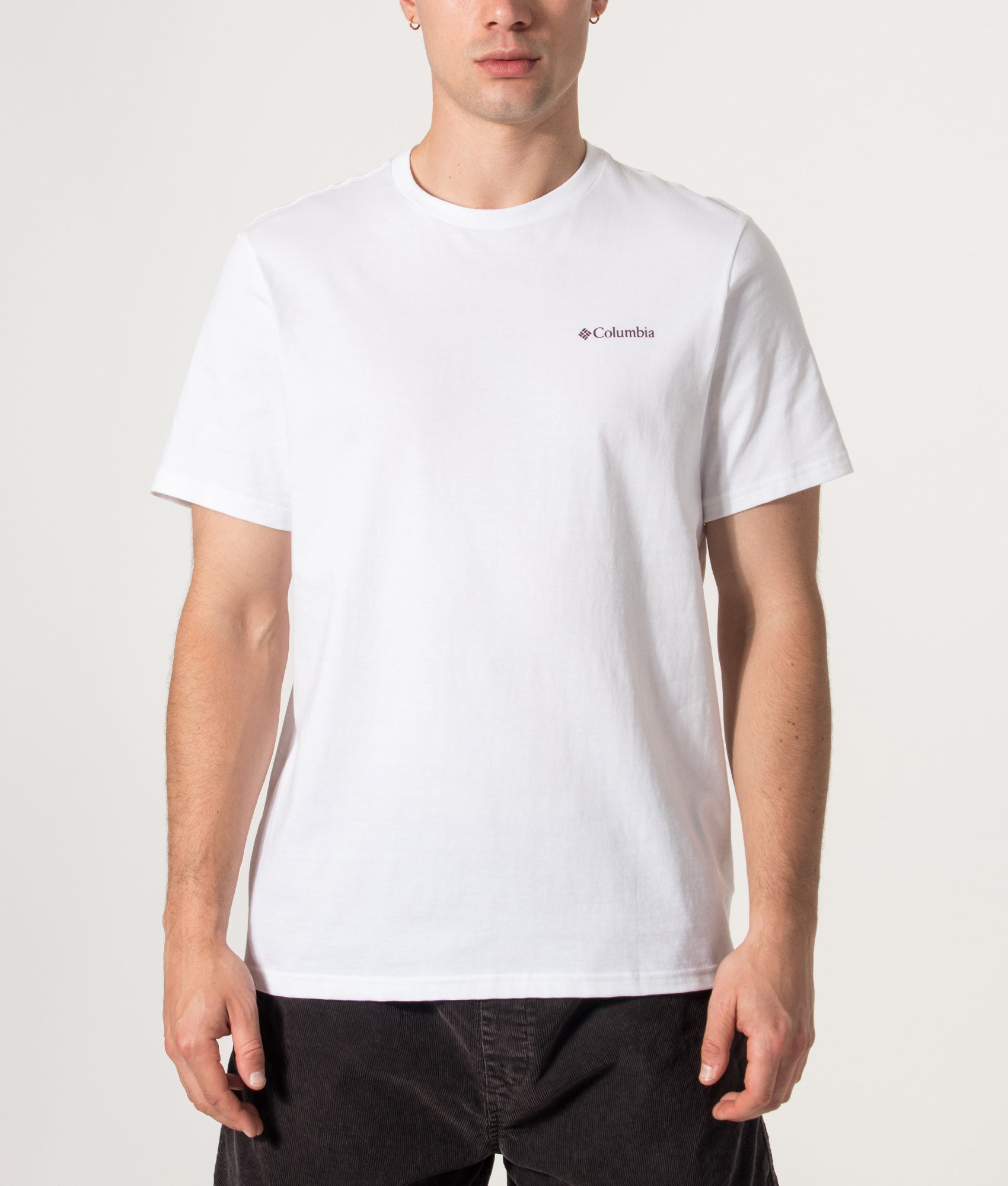 Columbia CSC Outdoor Back Graphic T-Shirt in White at EQVVS Menswear. Model front shot.
