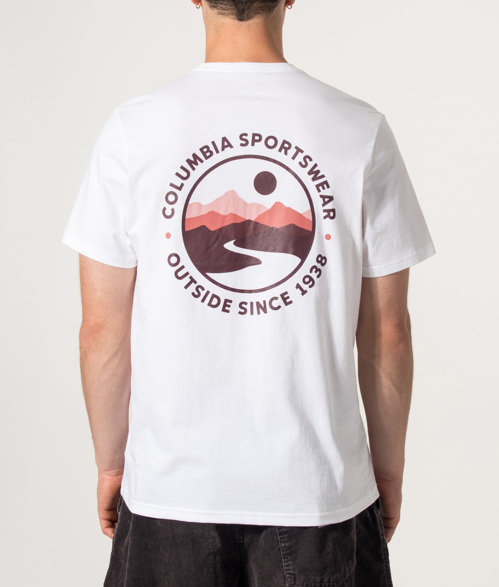 Columbia CSC Outdoor Back Graphic T-Shirt in White at EQVVS Menswear. Model front shot.