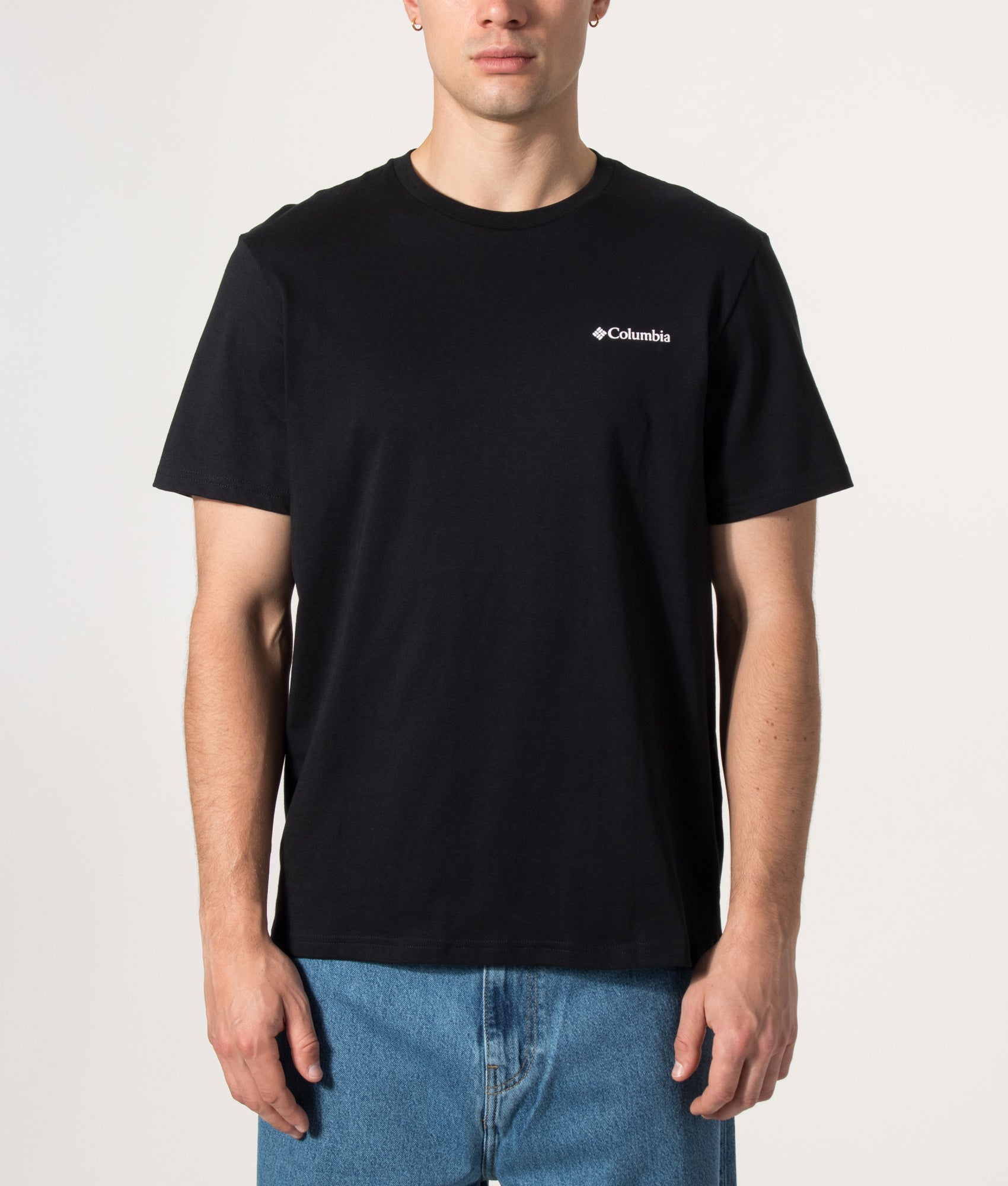 Columbia CSC Outdoor Back Graphic T-Shirt in Black at EQVVS Menswear. Model front shot.