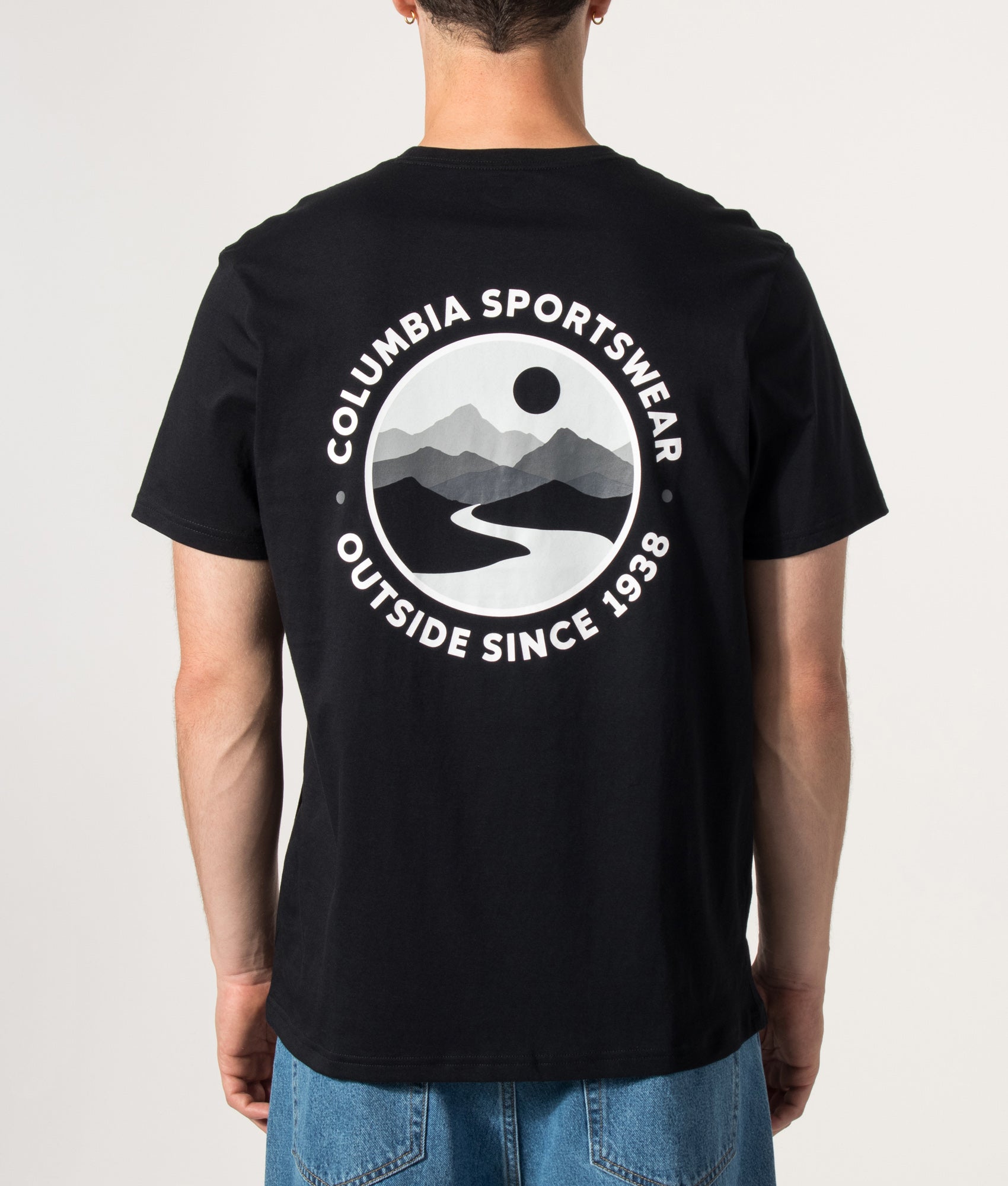 Columbia CSC Outdoor Back Graphic T-Shirt in Black at EQVVS Menswear. Back shot.