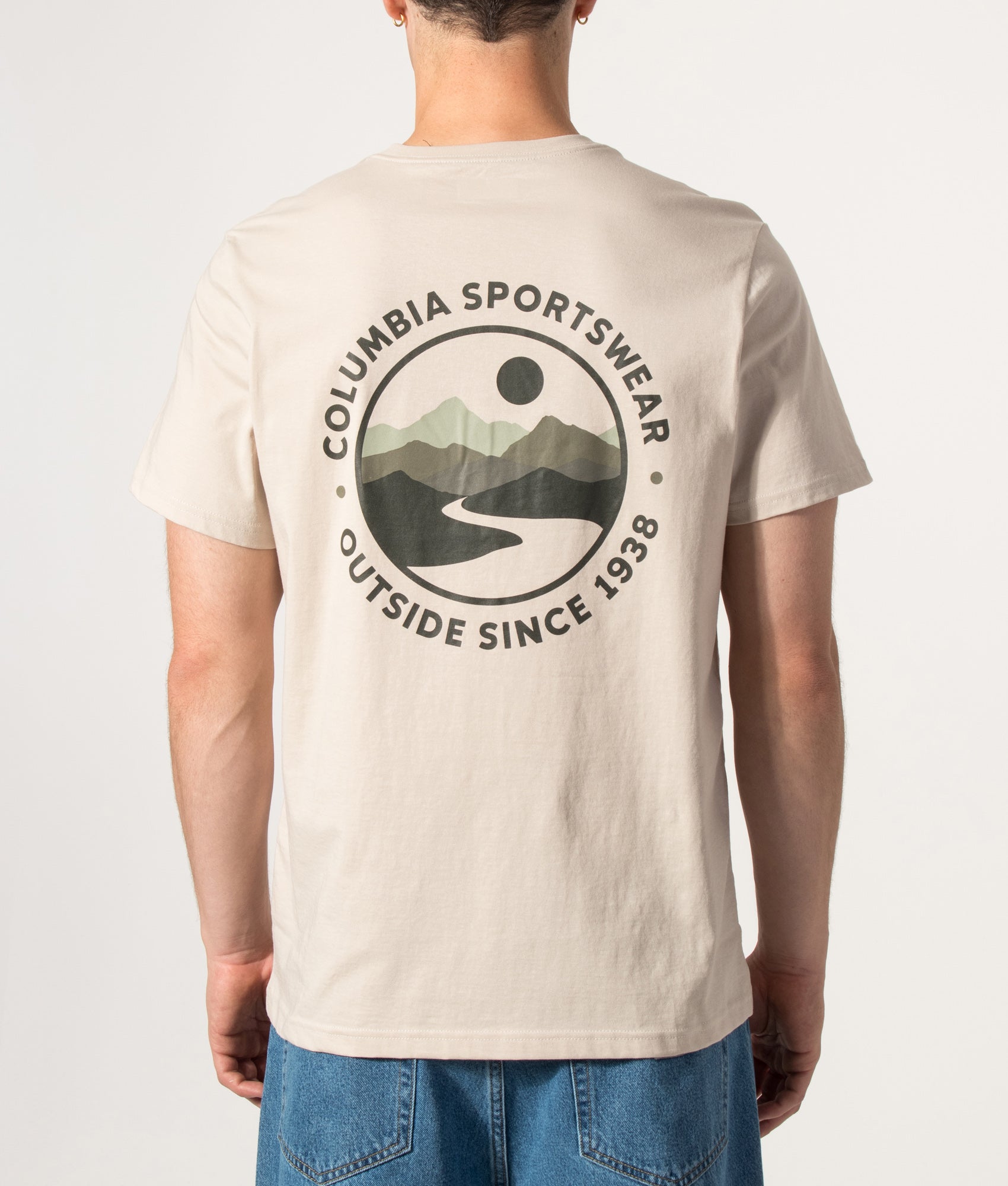 Columbia CSC Outdoor Back Graphic T-Shirt in Dark Stone at EQVVS Menswear. Model back shot.