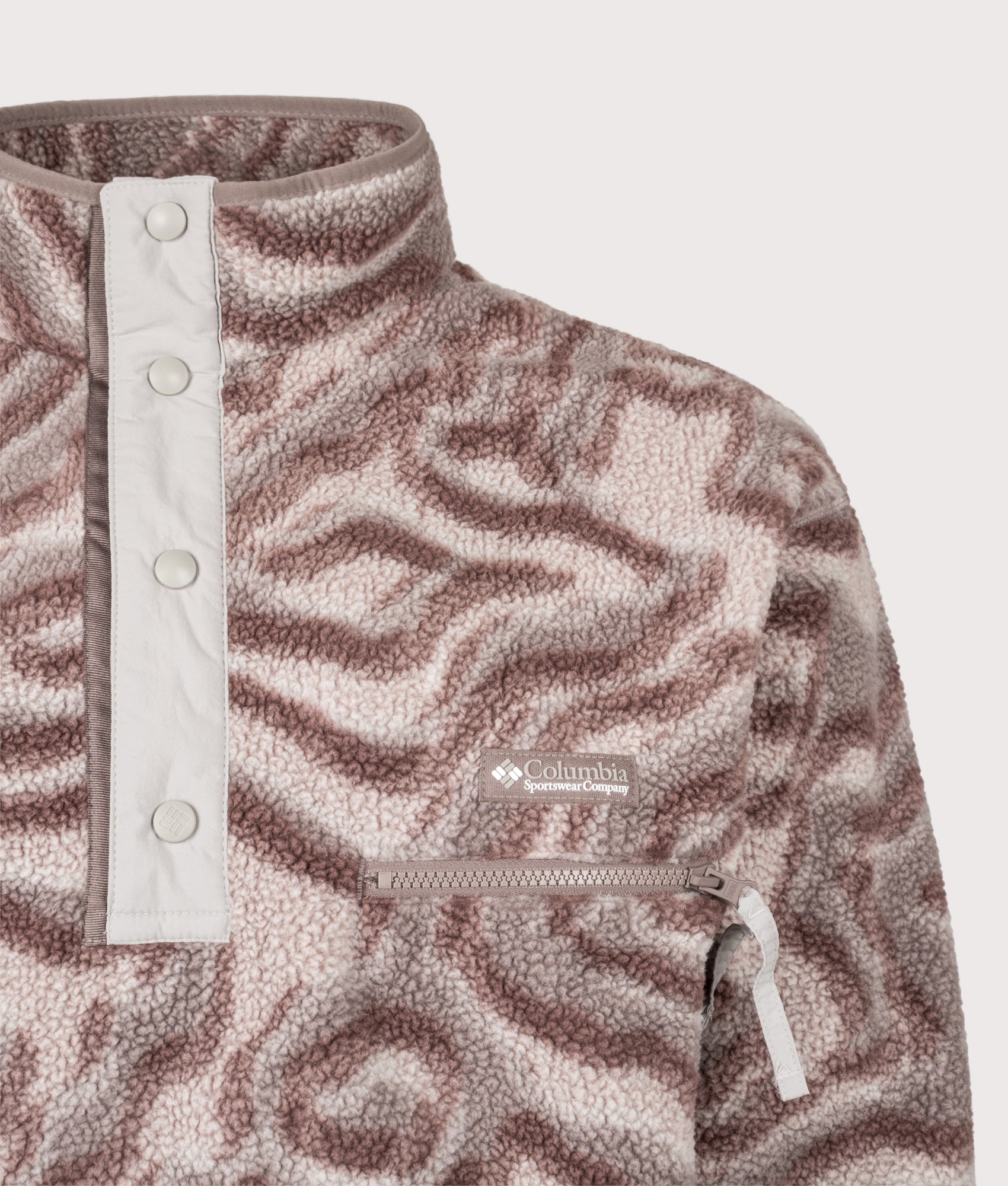 Columbia Helvetia II Printed Half Snap Fleece in Iron and Topoglitch at EQVVS Menswear. Detail shot.