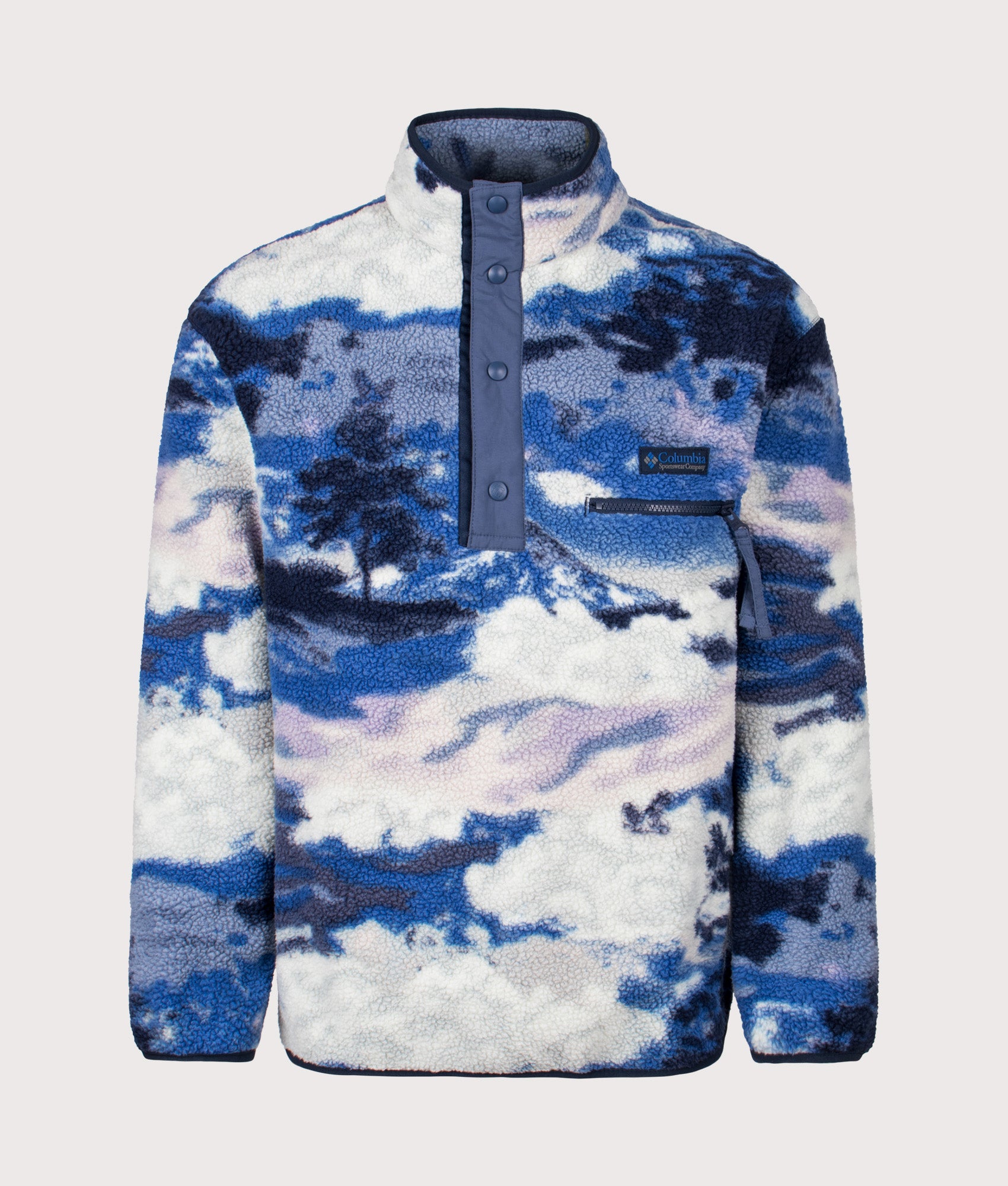 Columbia Helvetia II Printed Half Snap Fleece in Collegiate Navy and Dreaming at EQVVS Menswear. Front shot.