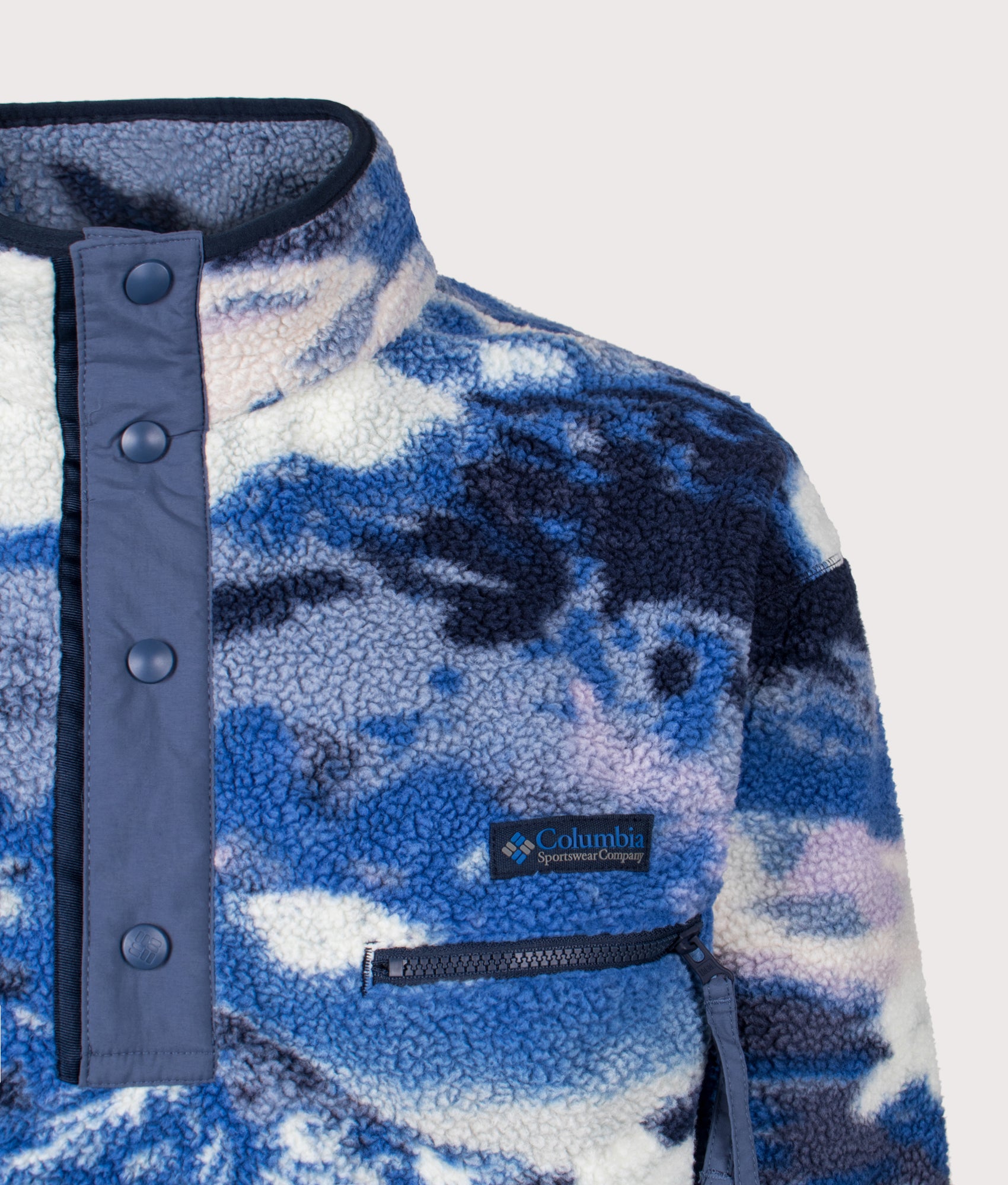 Columbia Helvetia II Printed Half Snap Fleece in Collegiate Navy and Dreaming at EQVVS Menswear. Detail shot.