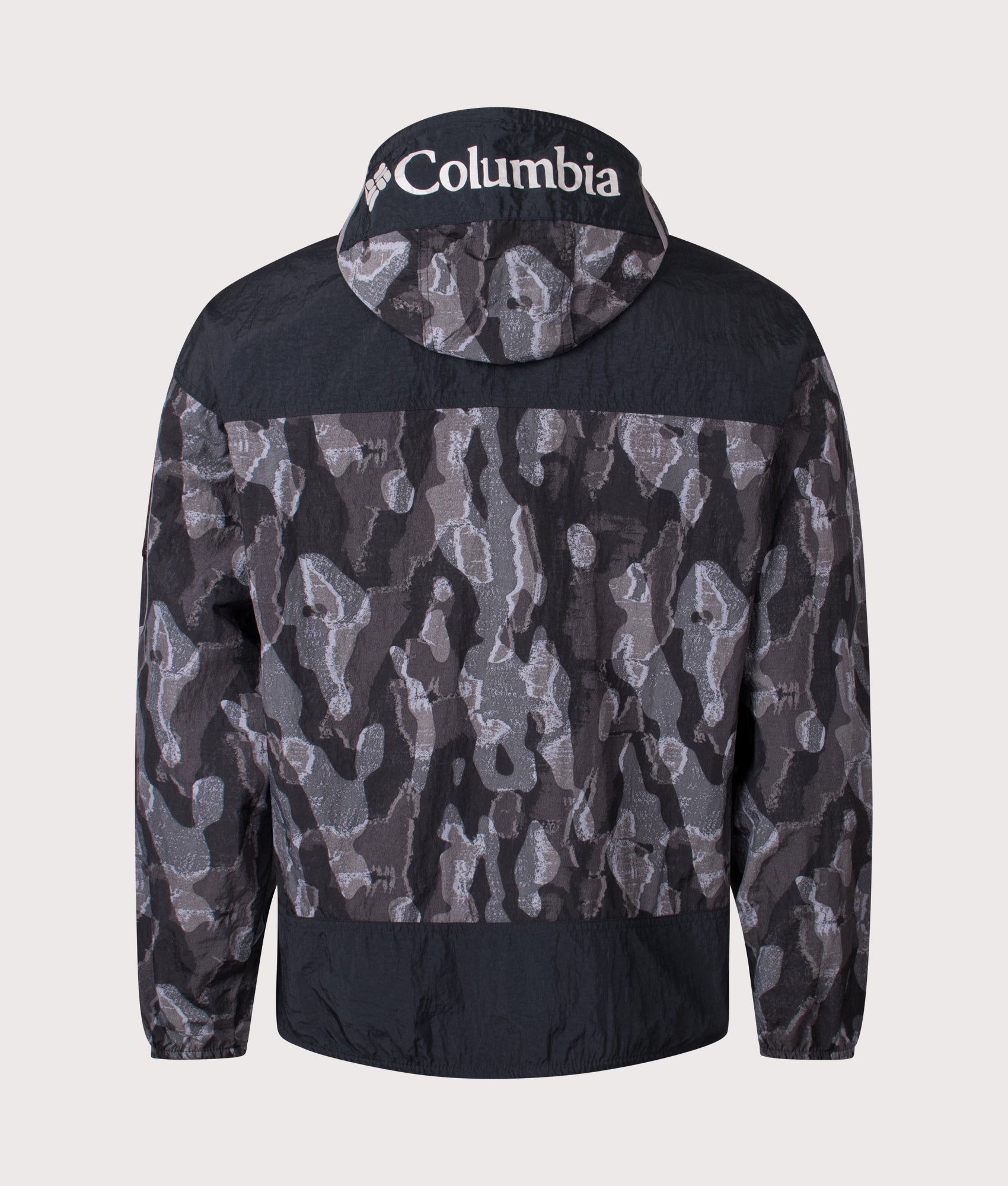 Columbia Challenger II Novelty Windbreaker in Black Treebark and Black at EQVVS Menswear. Back shot.