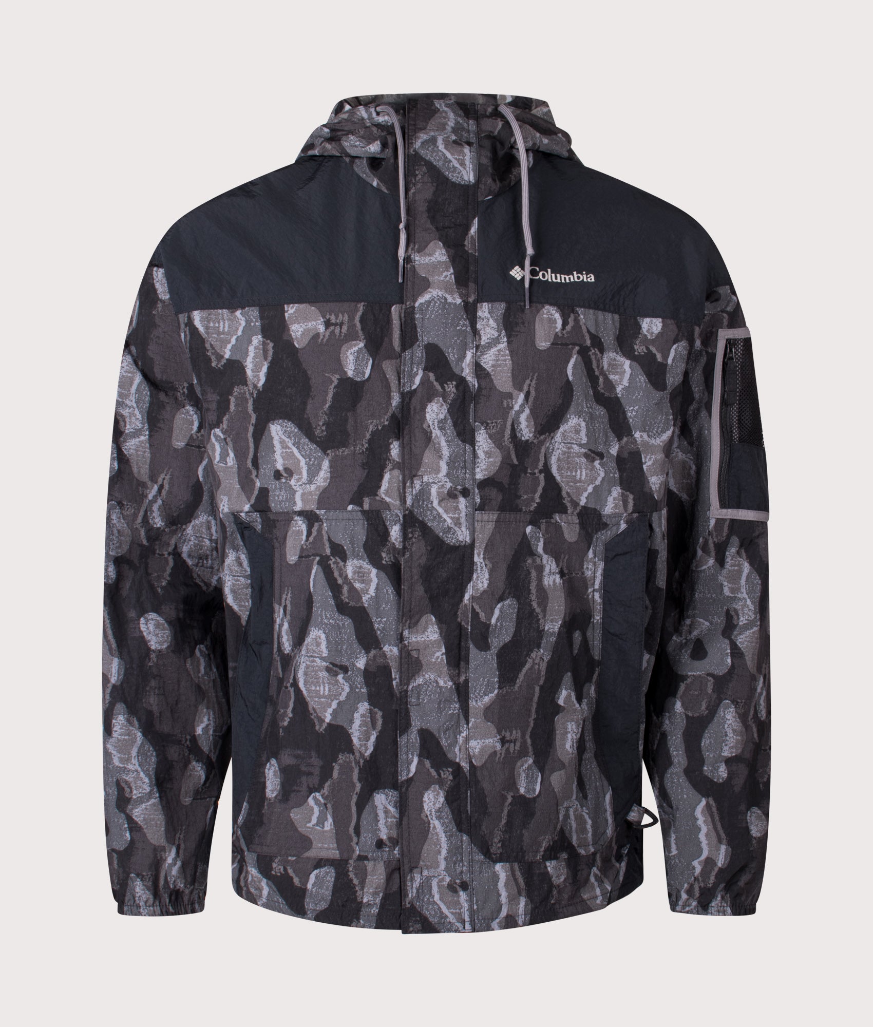 Columbia Challenger II Novelty Windbreaker in Black Treebark and Black at EQVVS Menswear. Front shot.