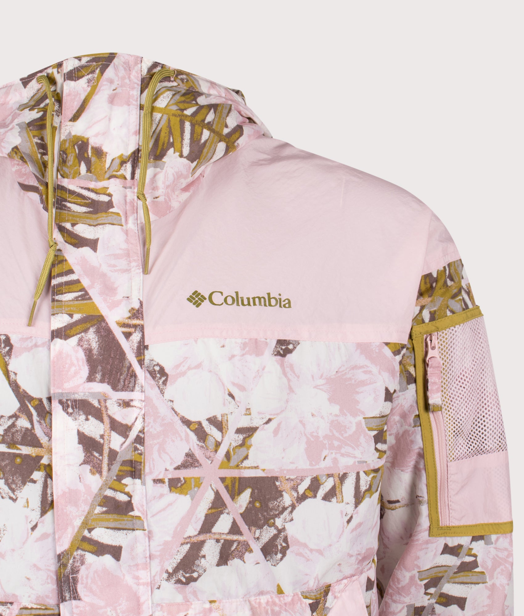 Columbia Challenger II Novelty Windbreaker in Pink Agate Florascape and Pink Agate at EQVVS Menswear. Detail shot.