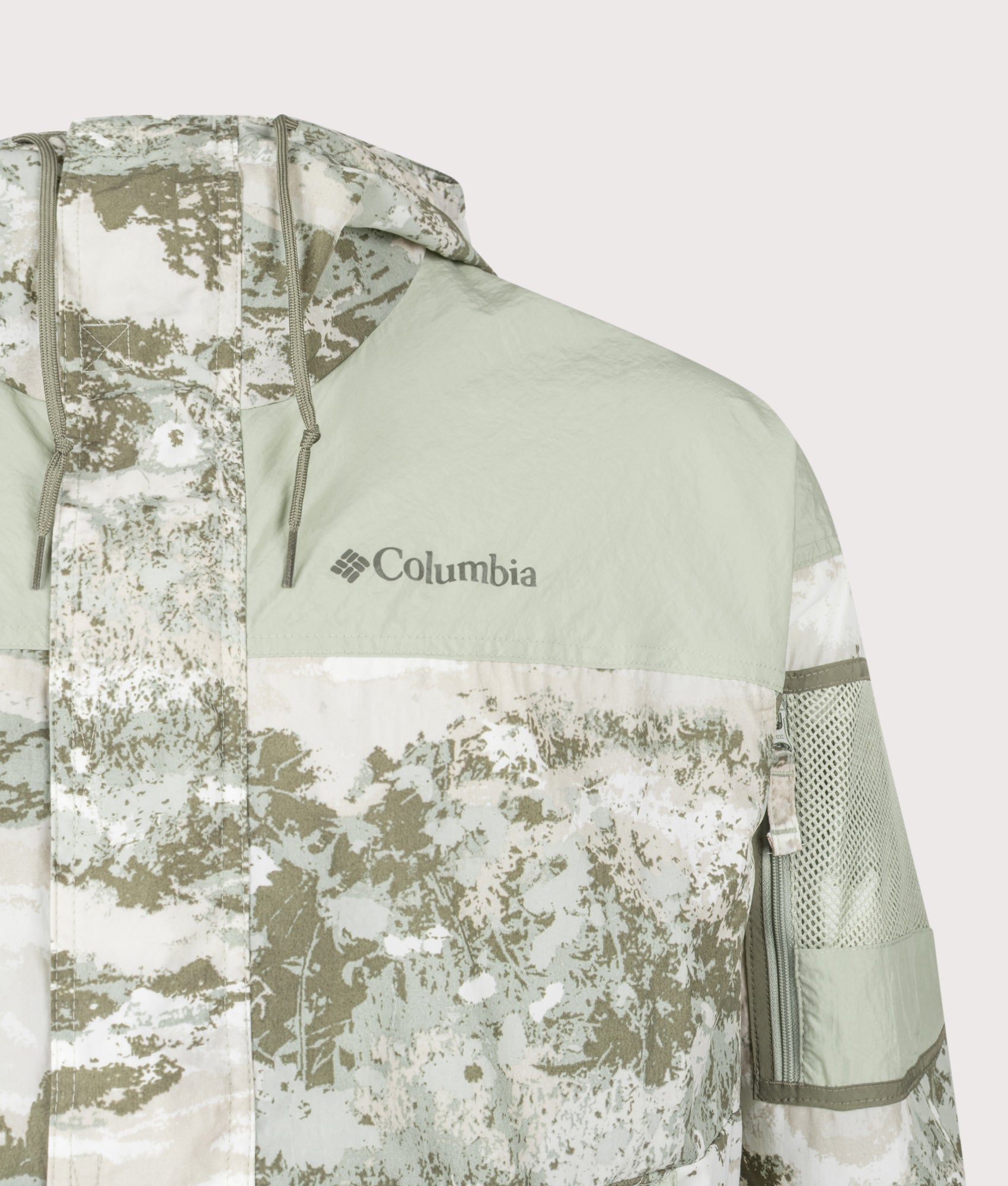Columbia Challenger II Novelty Windbreaker in Safari Fieldaze and Safari at EQVVS Menswear. Detail shot.