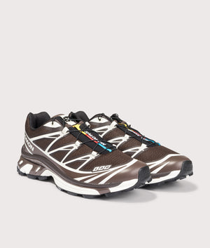 SALOMON XT-6 GTX Sneakers in Black Coffee/French Roast/Vanilla Ice at EQVVS Menswear. Angled front shot.
