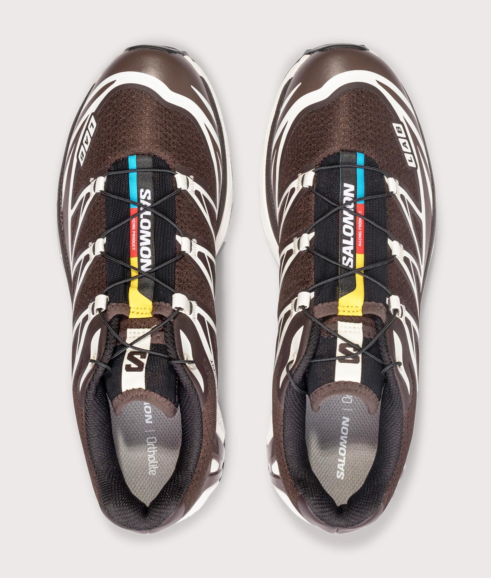 SALOMON XT-6 GTX Sneakers in Black Coffee/French Roast/Vanilla Ice at at EQVVS Menswear. Top shot.