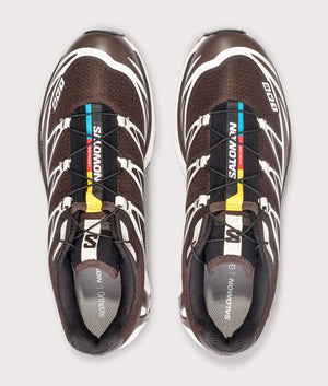 SALOMON XT-6 GTX Sneakers in Black Coffee/French Roast/Vanilla Ice at at EQVVS Menswear. Top shot.
