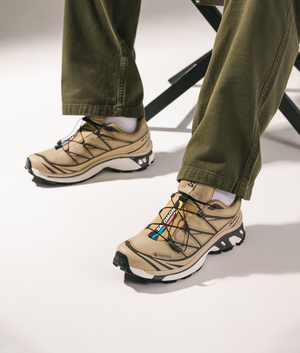 Salomon XT-6 GTX Sneakers in Kelp/Wren/Safari at EQVVS Menswear. Campaign shot.