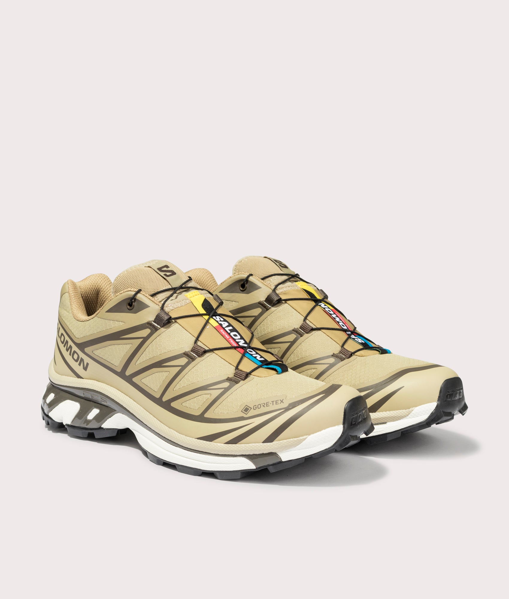 Salomon XT-6 GTX Sneakers in Kelp/Wren/Safari at EQVVS Menswear. Angled front shot.