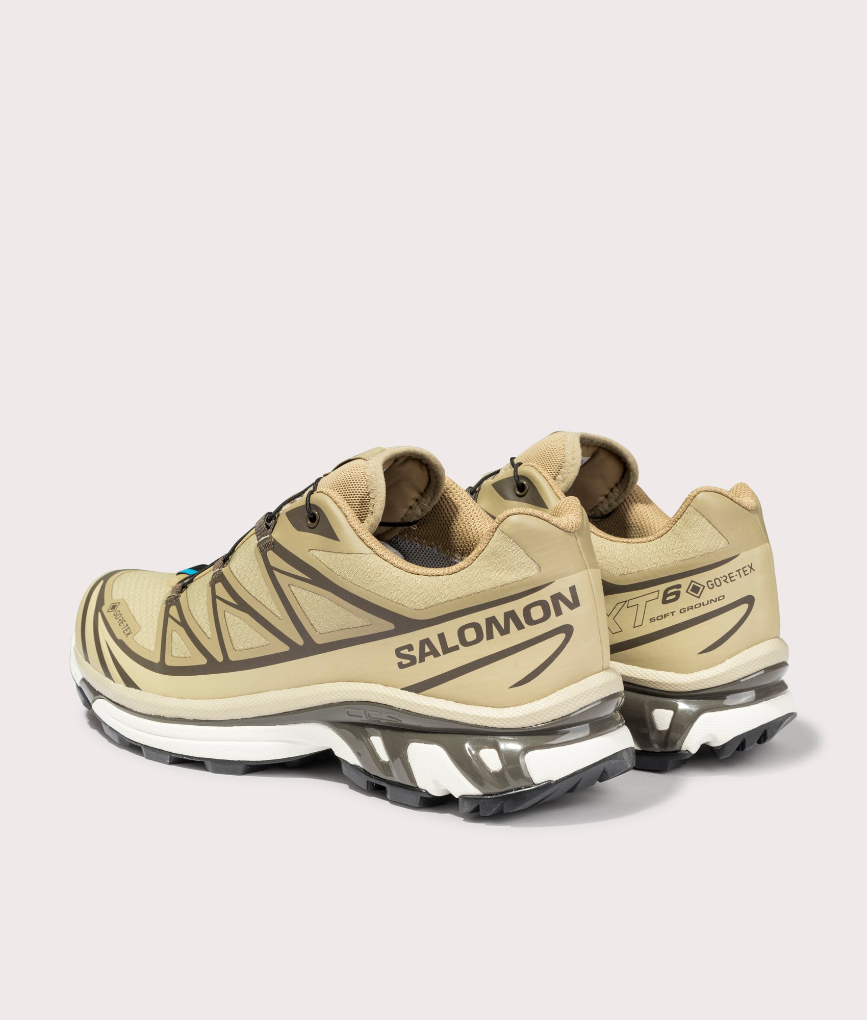 Salomon XT-6 GTX Sneakers in Kelp/Wren/Safari at EQVVS Menswear. Angled Back shot.