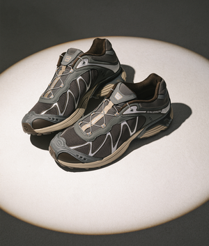 SALOMON XT-Whisper in White/Lunar Rock/FTW Silver at EQVVS Menswear. Campaign shot.