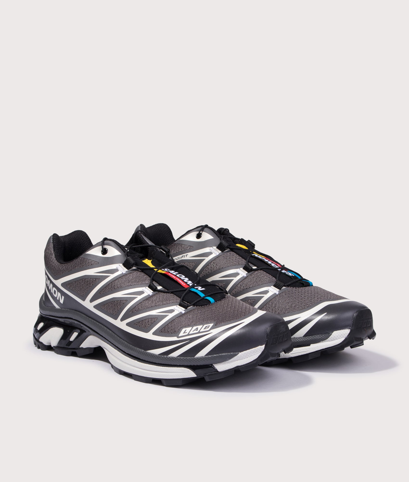 SALOMON XT-6 in Black, Asphalt and Castlerock at EQVVS Menswear. Angled front shot.