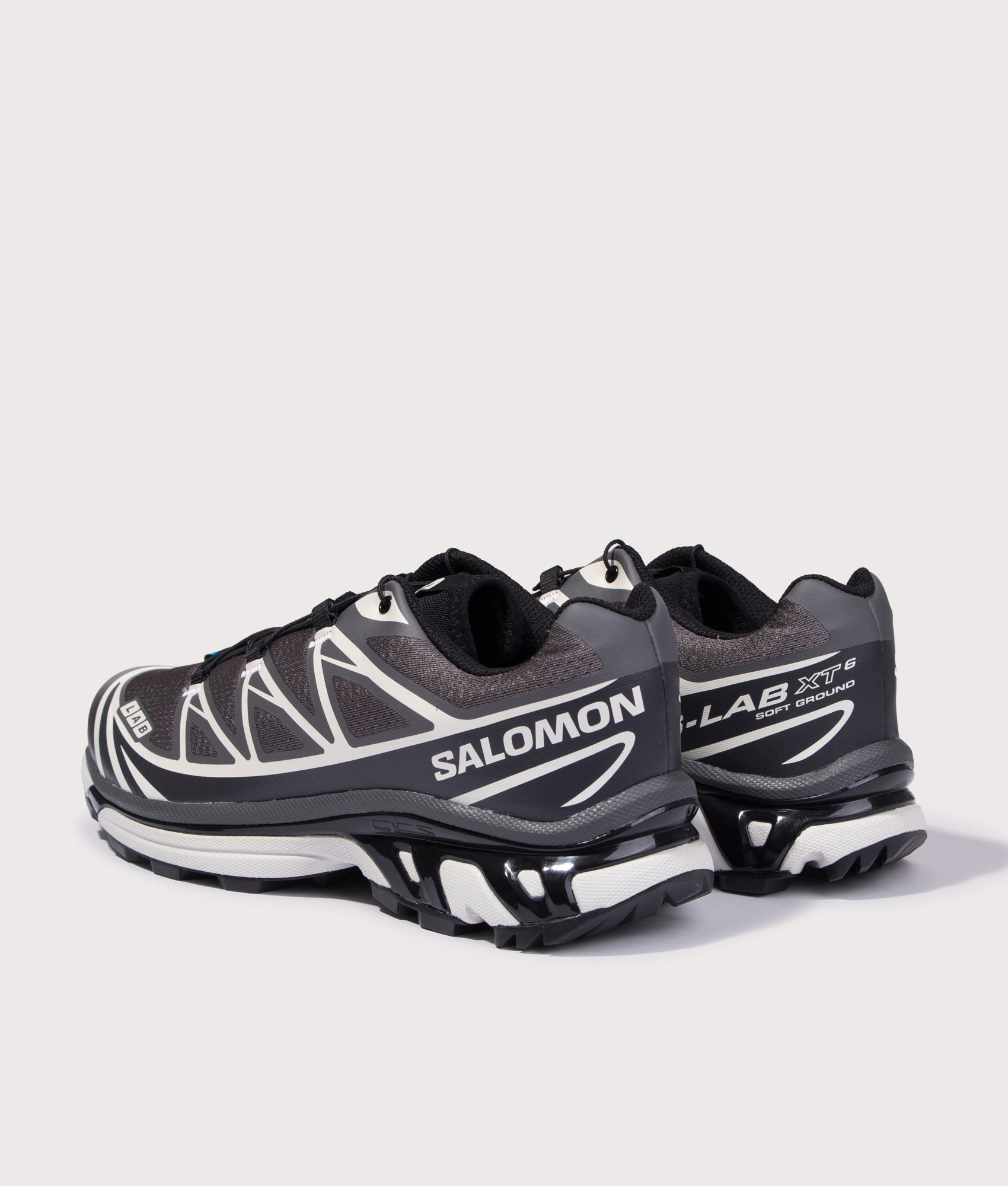 SALOMON XT-6 in Black, Asphalt and Castlerock at EQVVS Menswear. Angled back shot.