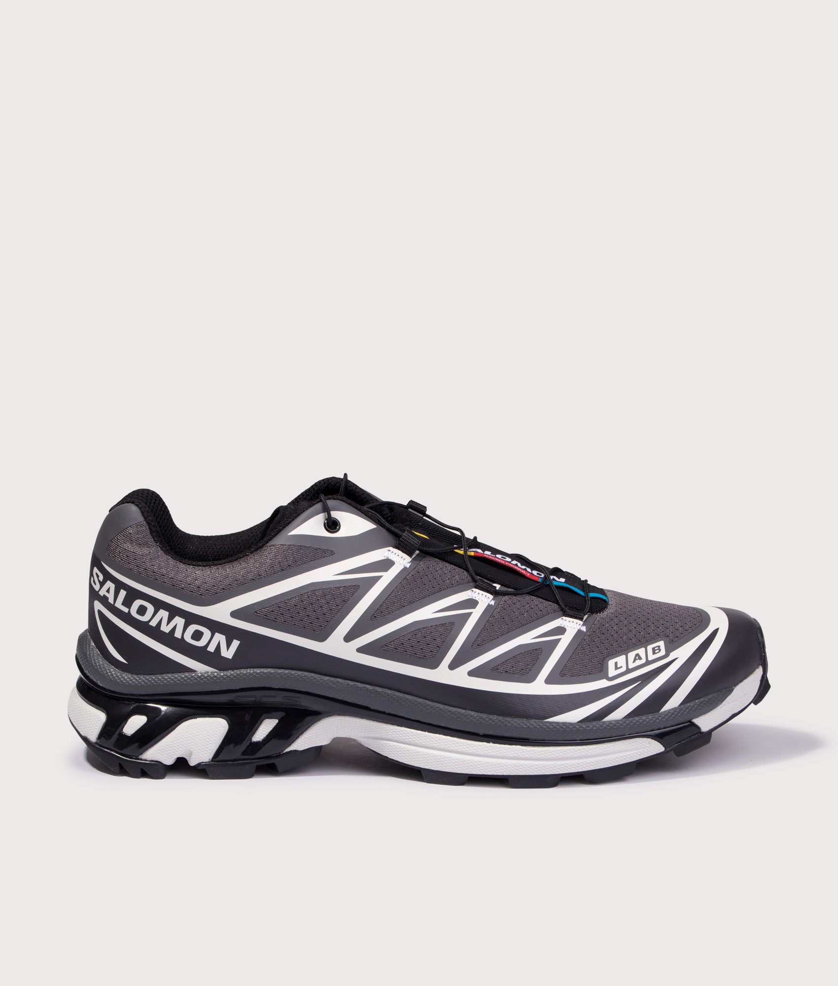 SALOMON XT-6 in Black, Asphalt and Castlerock at EQVVS Menswear. Side shot.