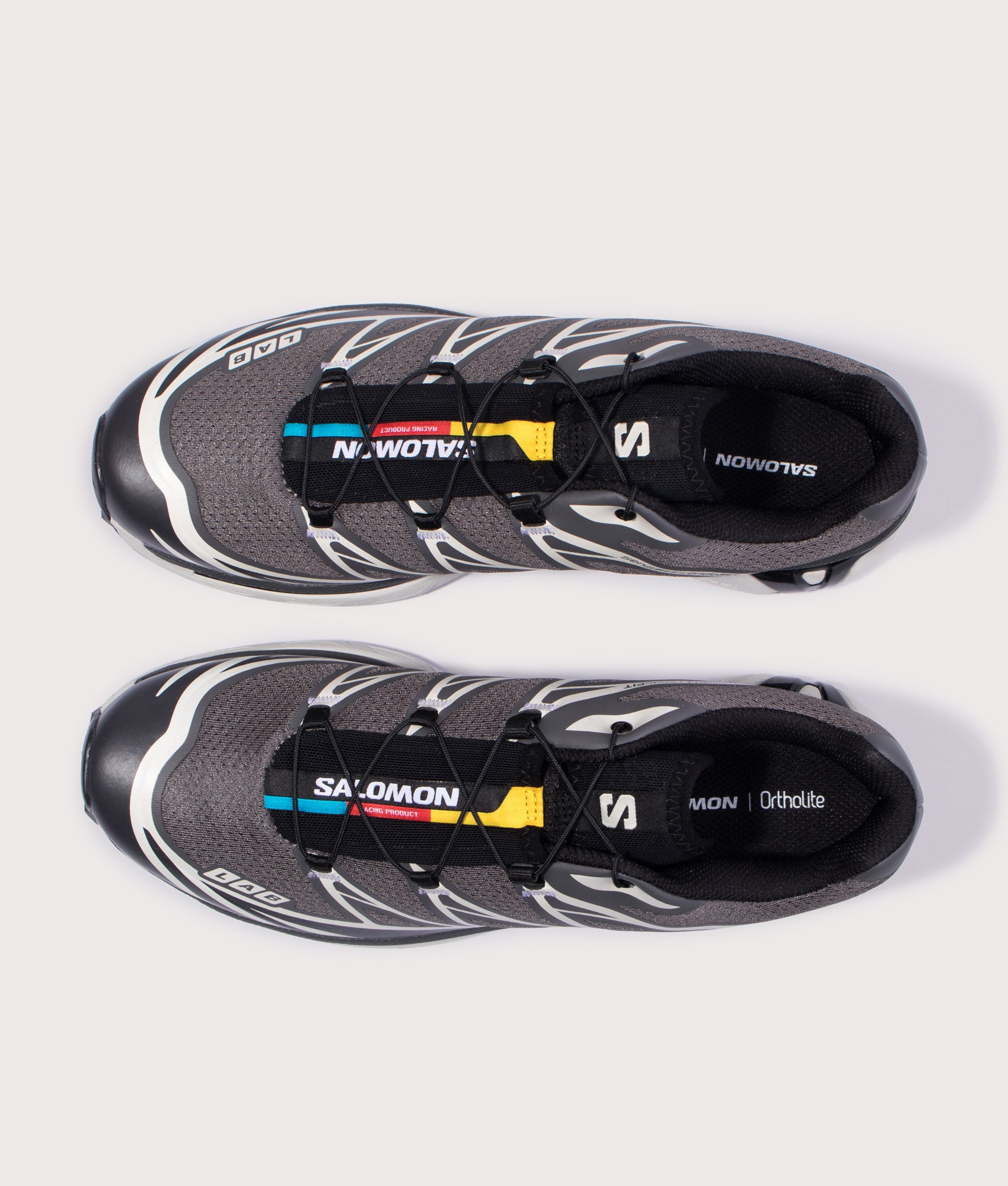 SALOMON XT-6 in Black, Asphalt and Castlerock at EQVVS Menswear. Top shot.