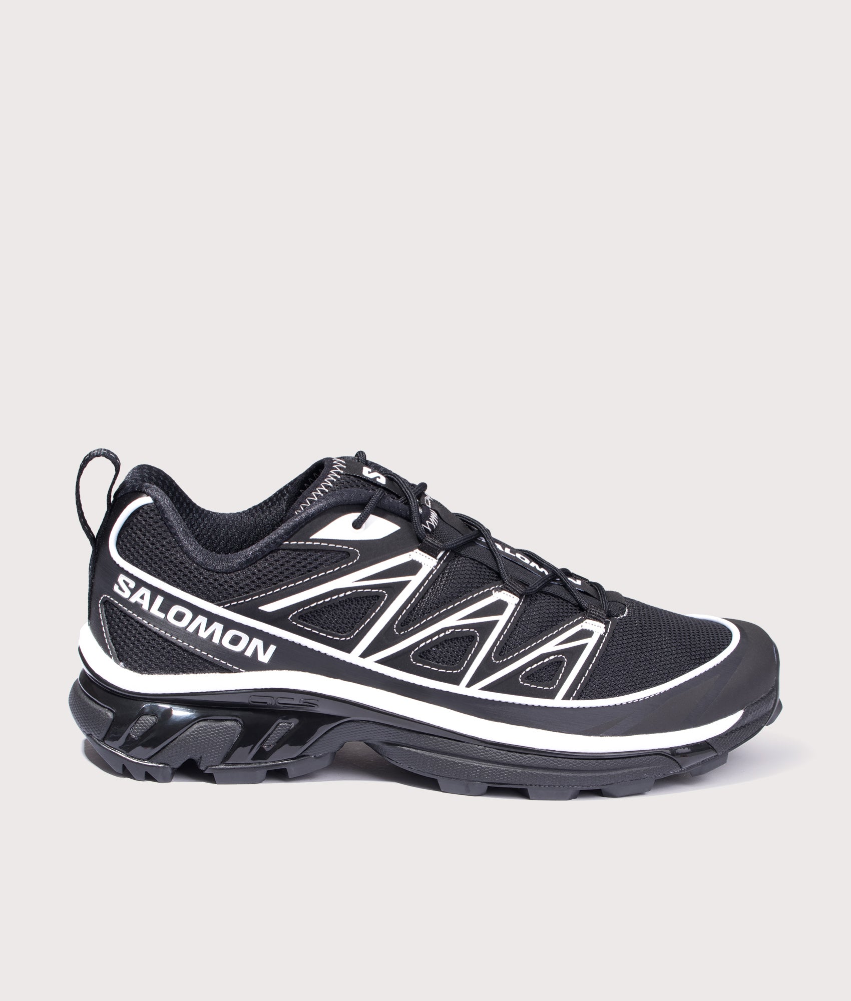 SALOMON XT-6 EXPANSE Sneakers in Black, Black and White at EQVVS Menswear. Side shot.