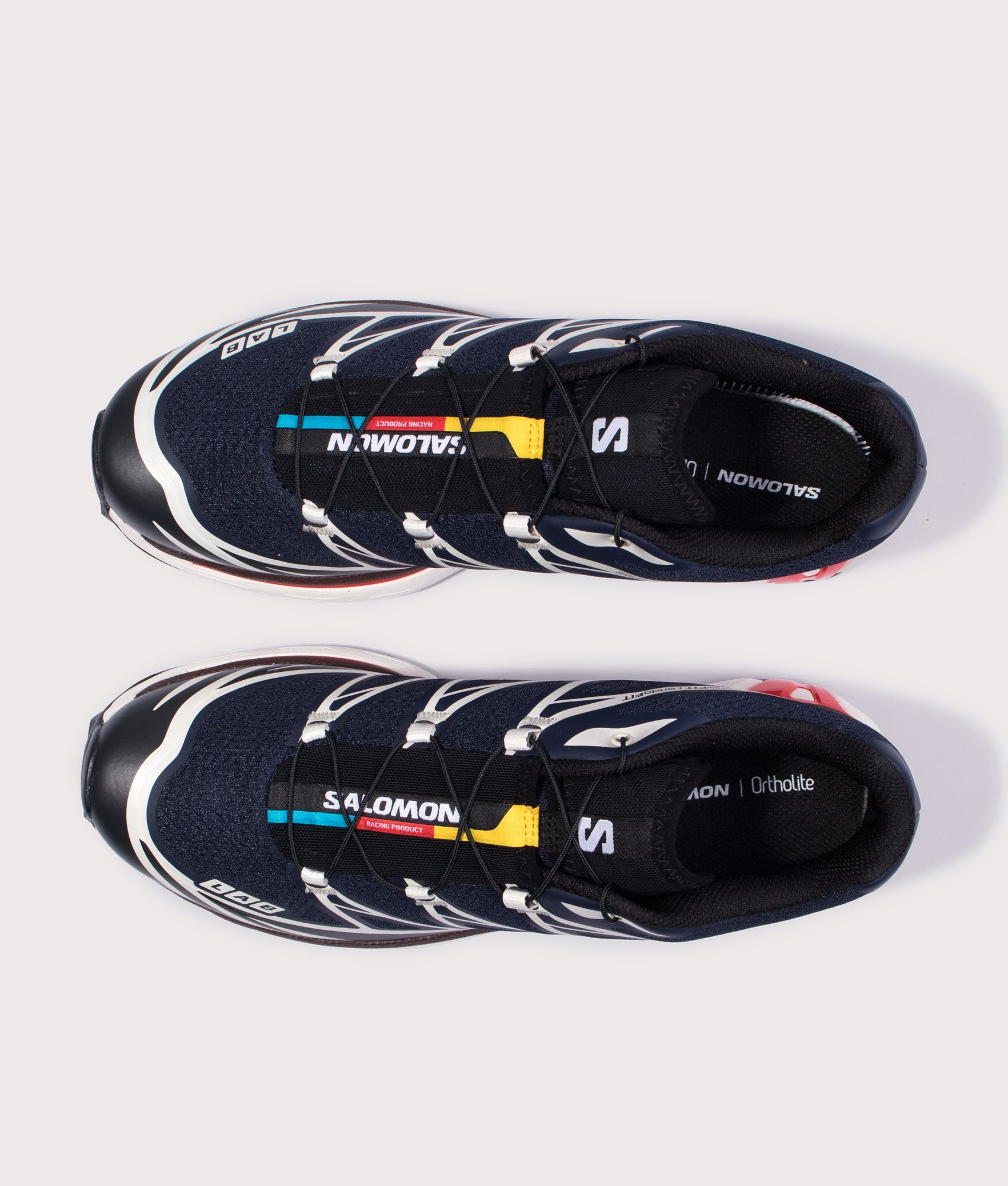 SALOMON XT-6 in Blue, Black and Fiery Red at EQVVS Menswear. Top shot.