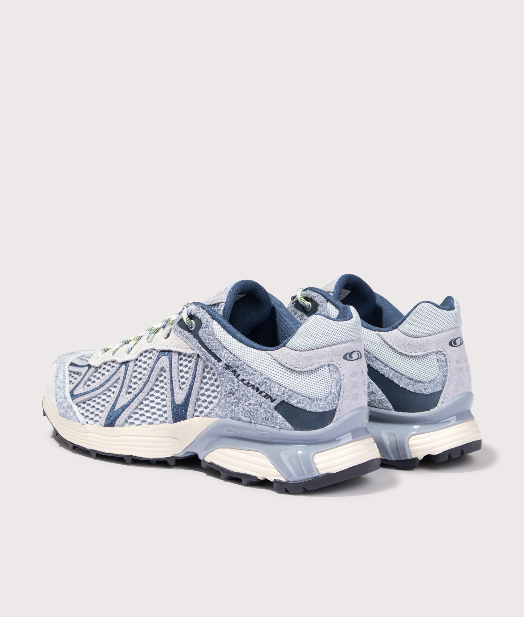 Salomon XT-WHISPER EMBROIDERY Sneakers in Pearl Blue, Tradewinds and Spellbound at EQVVS Menswear. Angled back shot.