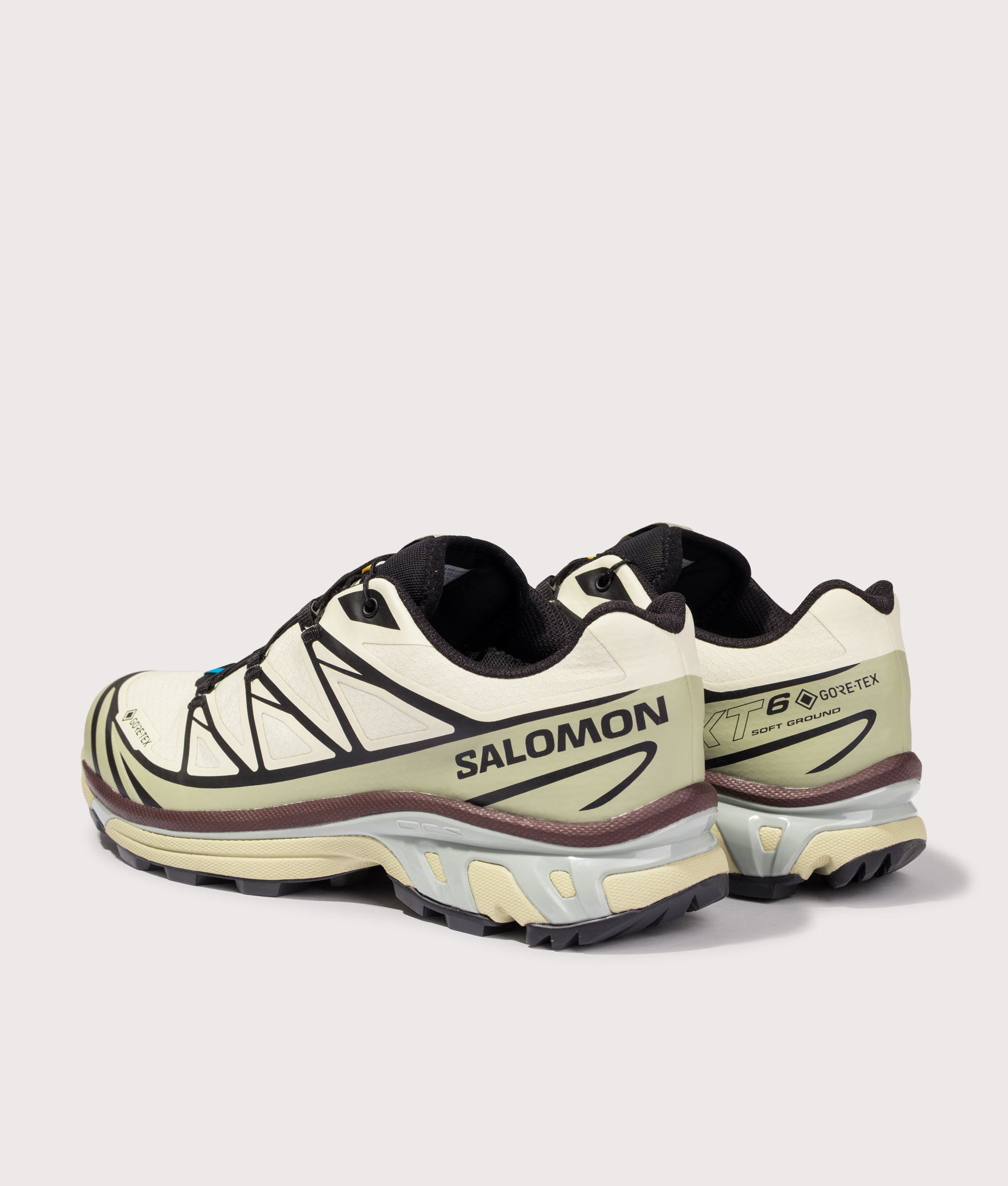SALOMON XT-6 GTX Sneakers in  Asparagus Green, Tea and Bitter Chocolate at EQVVS Menswear. Angled back shot.