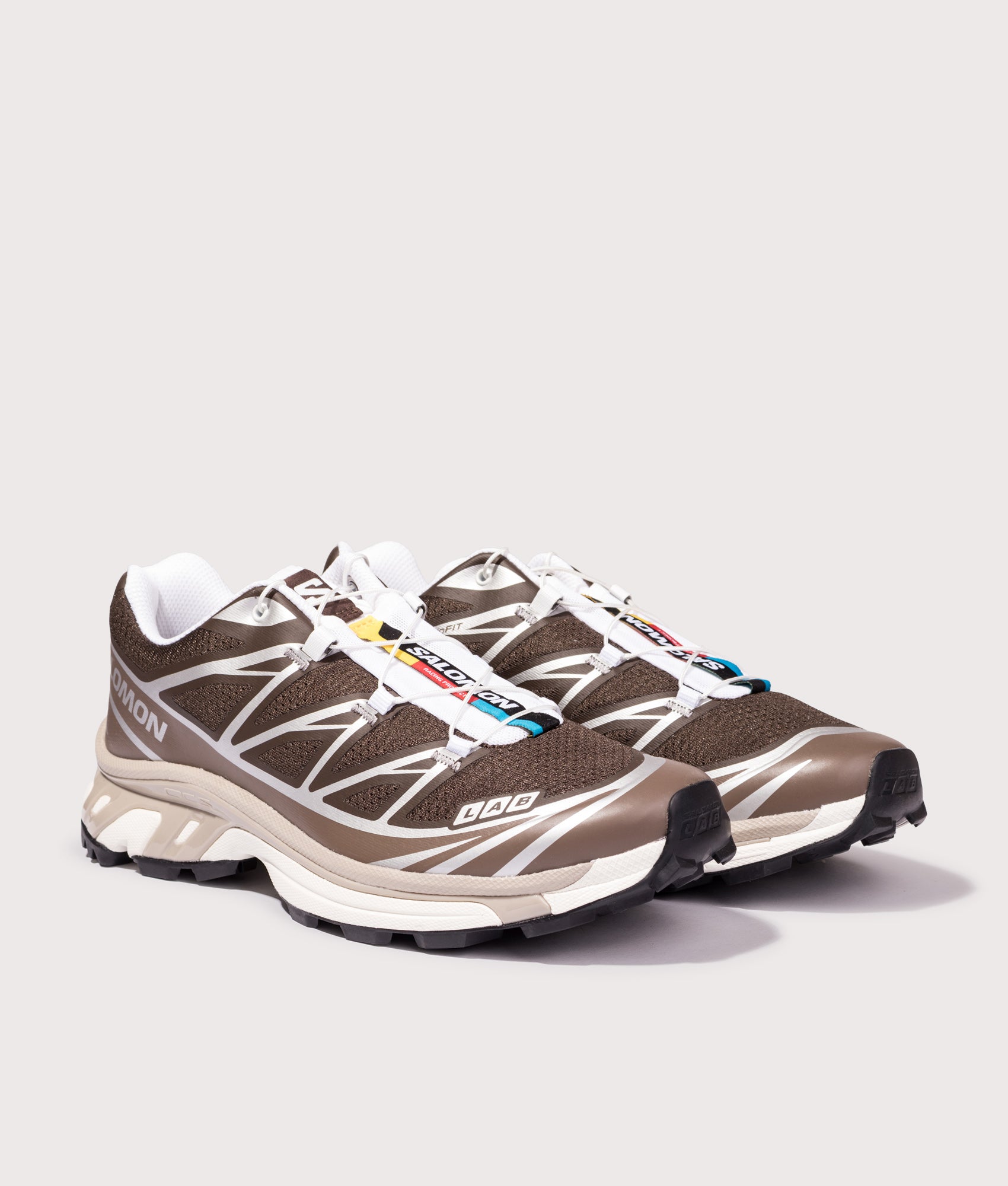 SALOMON XT-6 in Earth Brown, Walnut and Silver at EQVVS Menswear. Angled front shot.