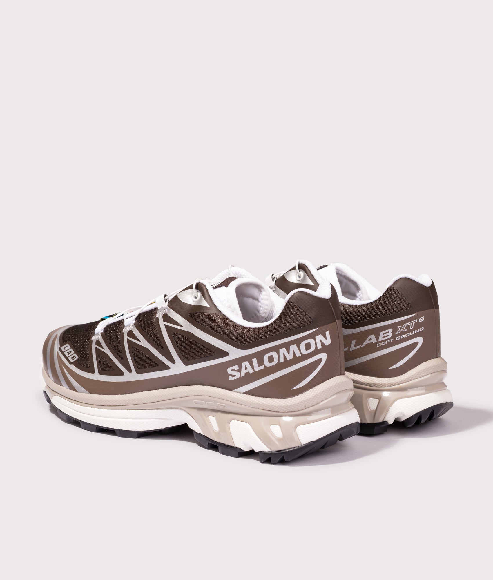 SALOMON XT-6 in Earth Brown, Walnut and Silver at EQVVS Menswear. Angled back shot.