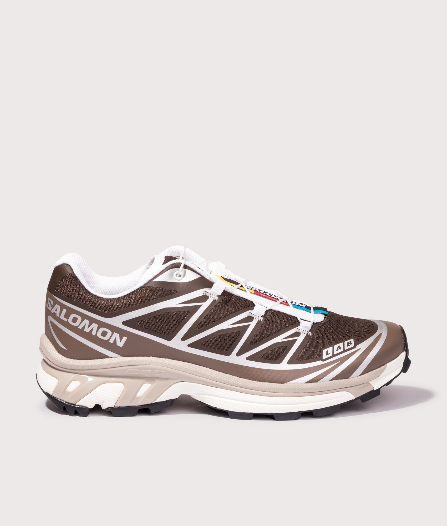 SALOMON XT-6 in Earth Brown, Walnut and Silver at EQVVS Menswear. Front shot.