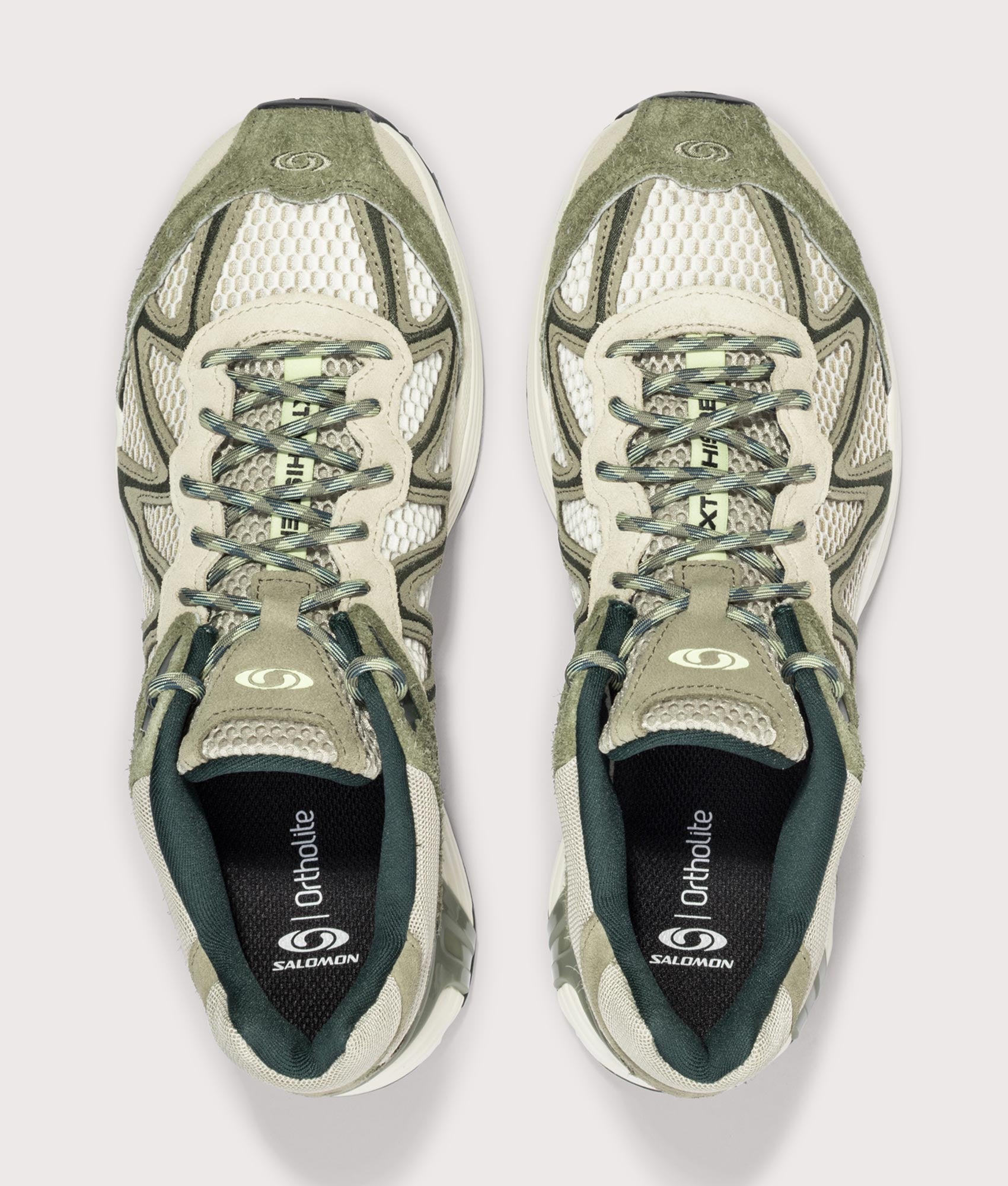 Salomon XT-WHISPER EMBROIDERY in Deep Lichen Green, Eucalyptus and Butterfly at EQVVS Menswear. Top shot.