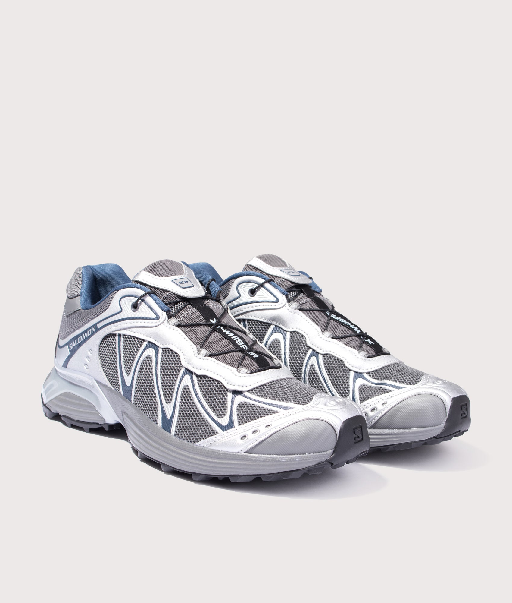SALOMON XT-Whisper in Castlerock, Ftw Silver and Spellbound at EQVVS Menswear. Angled font shot.