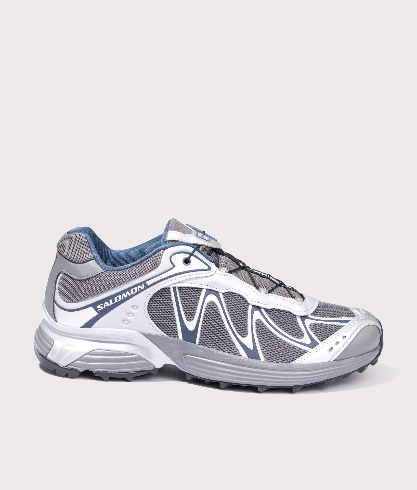 SALOMON XT-Whisper in Castlerock, Ftw Silver and Spellbound at EQVVS Menswear. Side shot.