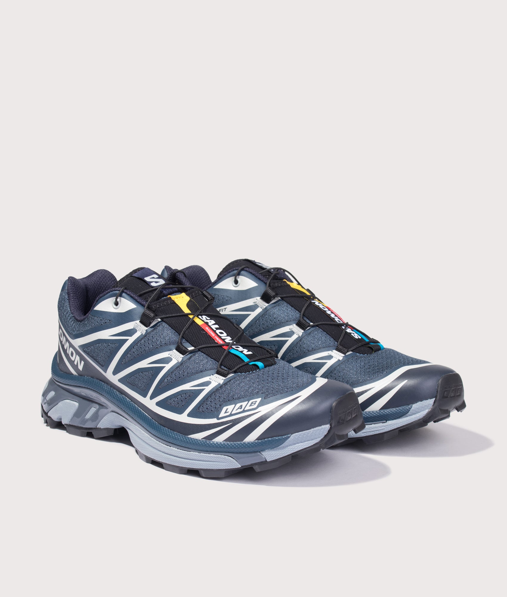 SALOMON XT-6 in Spellbound and Maritime Blue at EQVVS Menswear. Angled front shot.