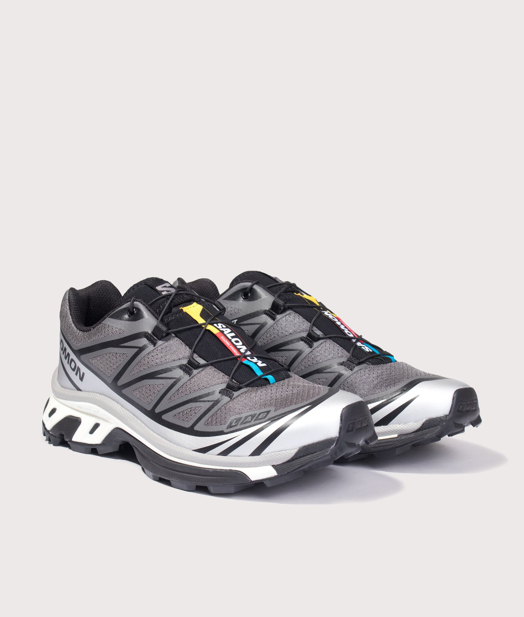 SALOMON XT-6 in Castlerock, Silver and Vanila at EQVVS Menswear. Angled front shot.