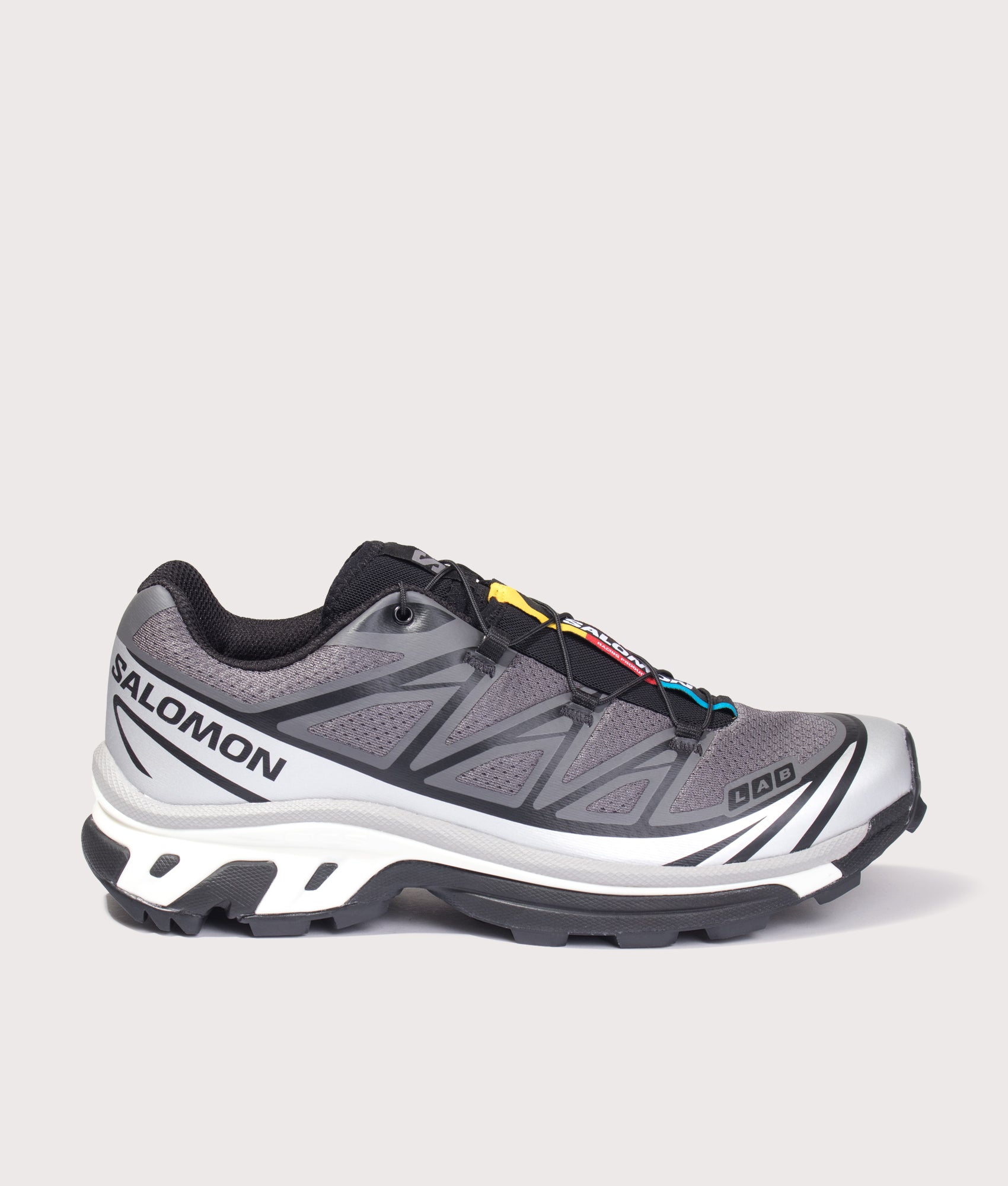 SALOMON XT-6 in Castlerock, Silver and Vanila at EQVVS Menswear. Side shot.