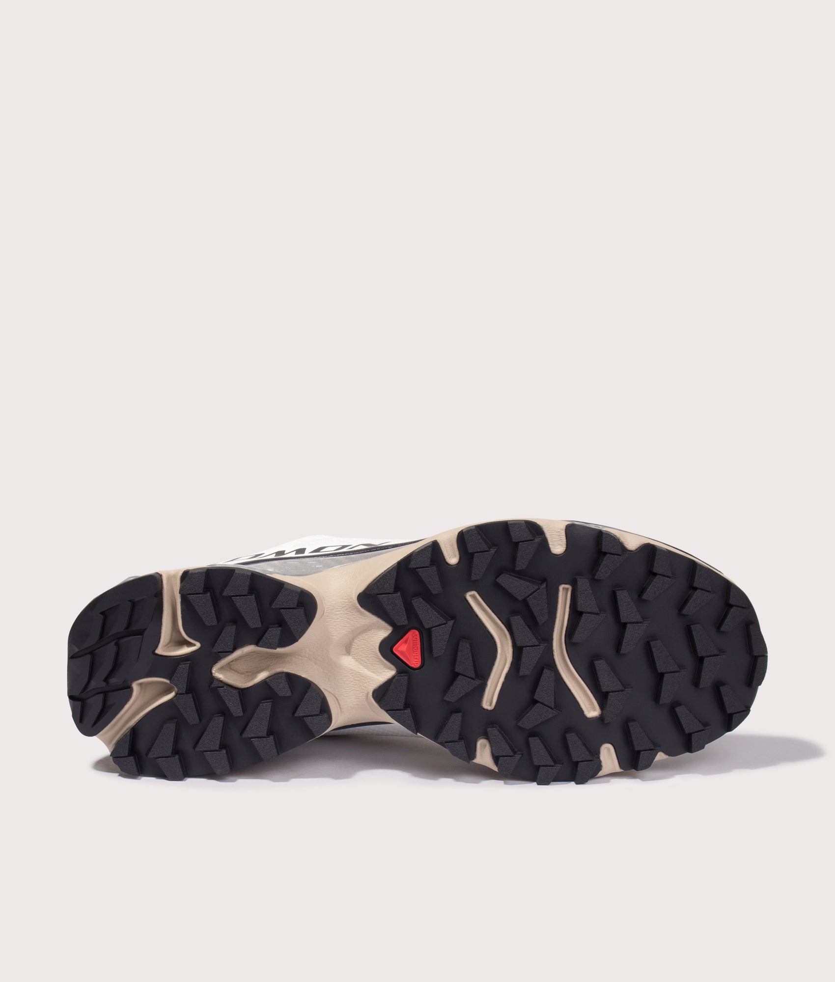 Salomon XT-4 OG in White/Black/White Pepper at EQVVS Menswear. Tread shot.