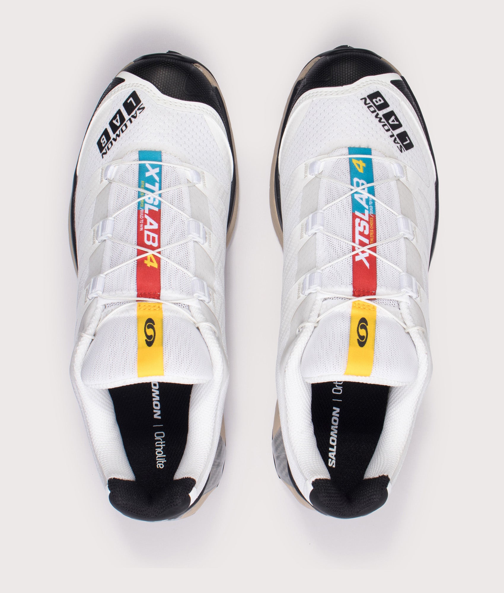 Salomon XT-4 OG in White/Black/White Pepper at EQVVS Menswear. Top shot.