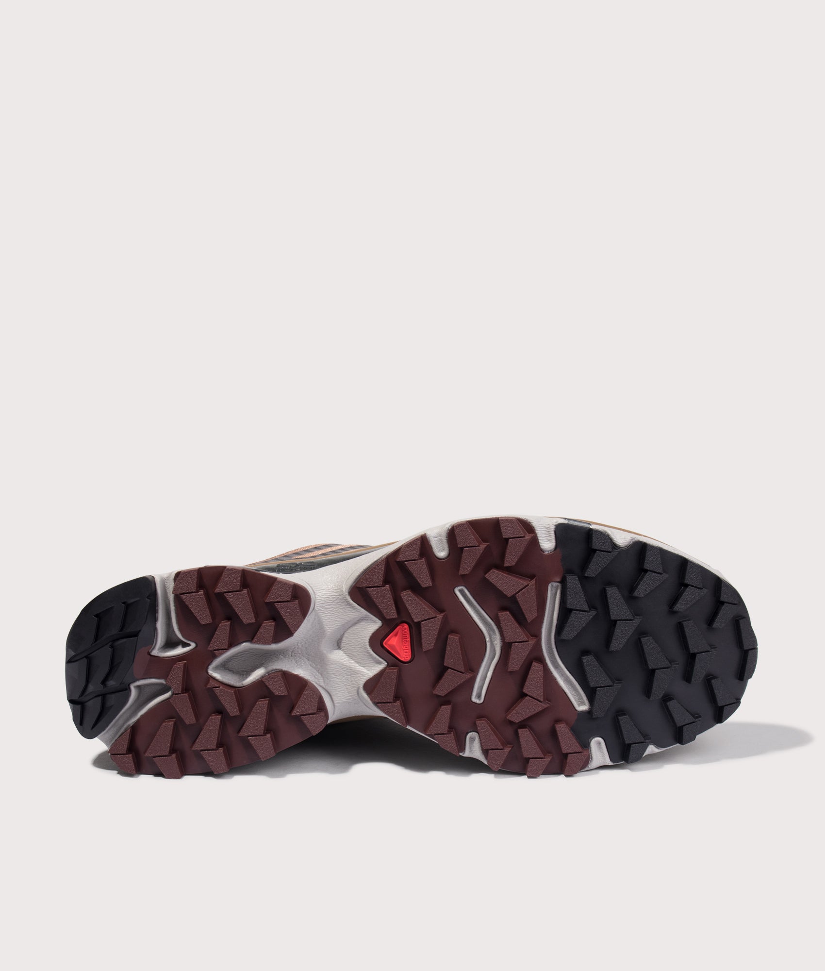 Salomon XT-4 OG in Black, Desert Tan and Vanila at EQVVS Menswear. Tread shot.