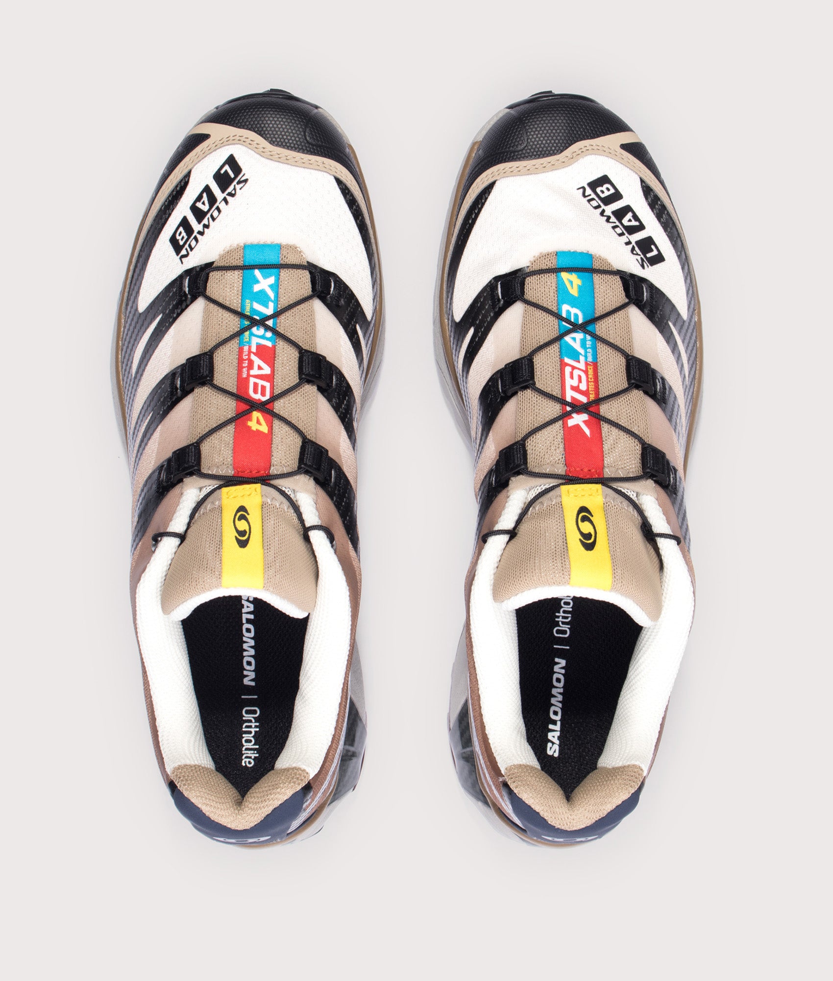 Salomon XT-4 OG in Black, Desert Tan and Vanila at EQVVS Menswear. Top shot.