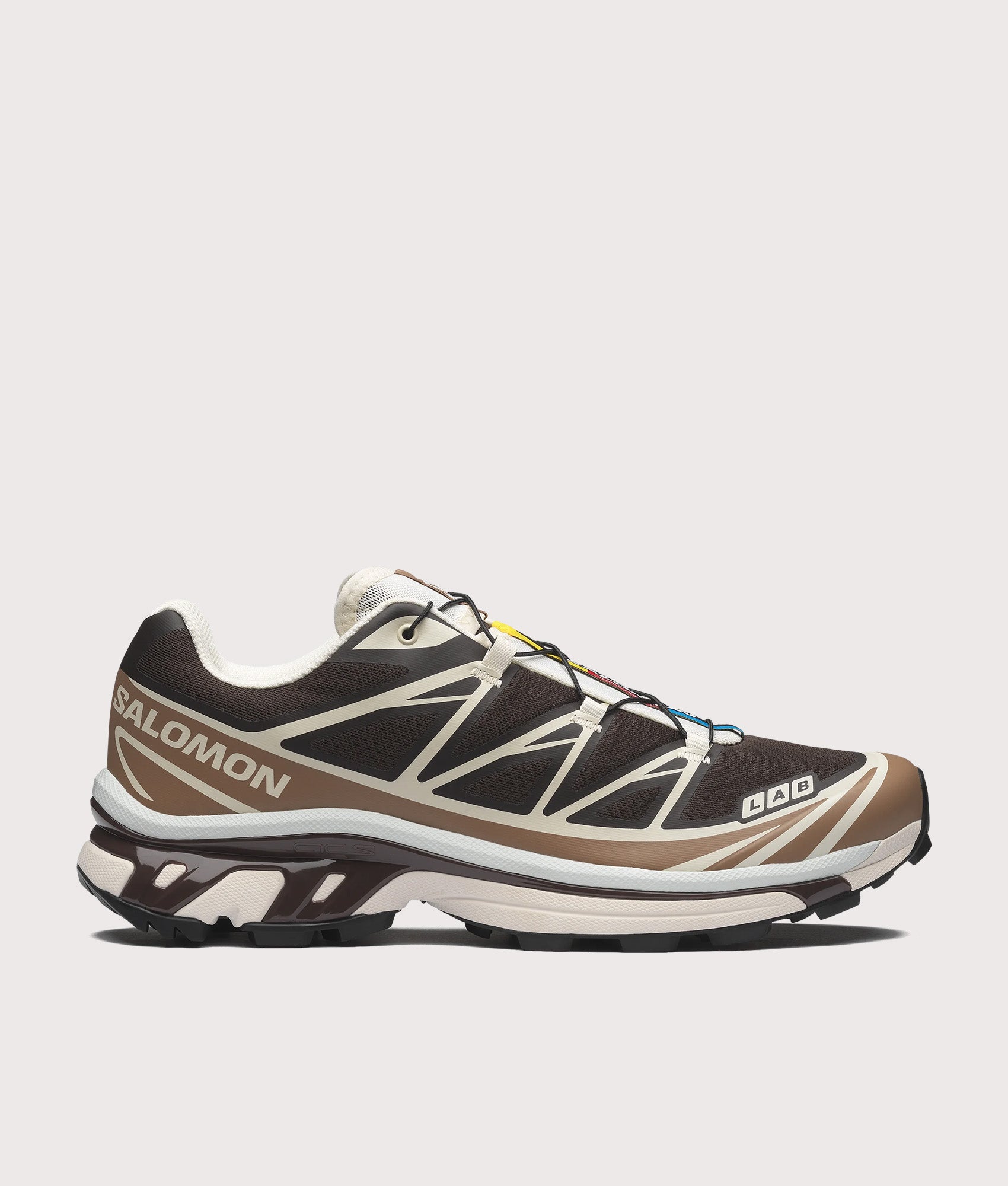 SALOMON XT-6 in Black Coffee, Burro and Bitter Chocolate at EQVVS Menswear. Side shot.