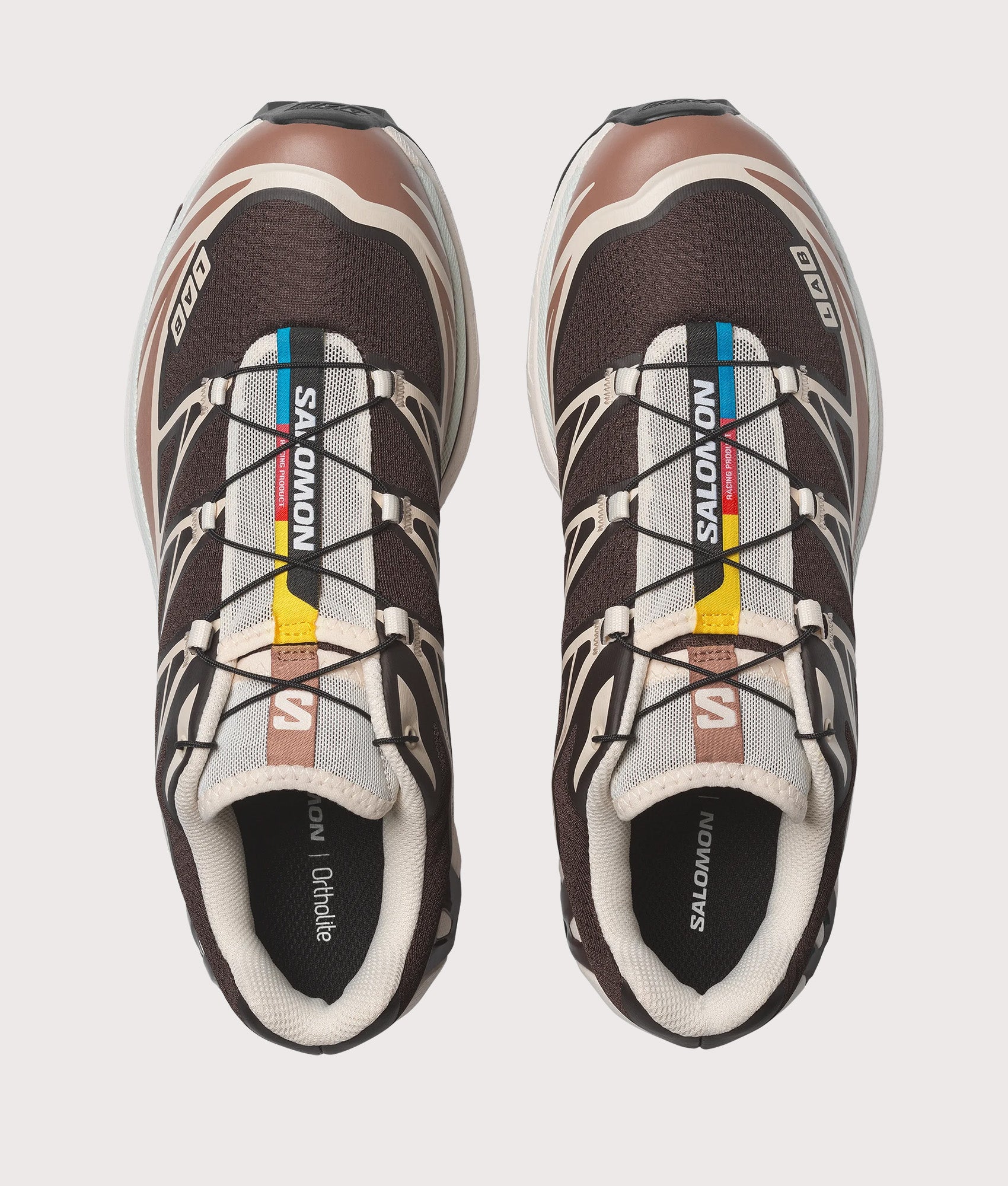 SALOMON XT-6 in Black Coffee, Burro and Bitter Chocolate at EQVVS Menswear. Top shot.