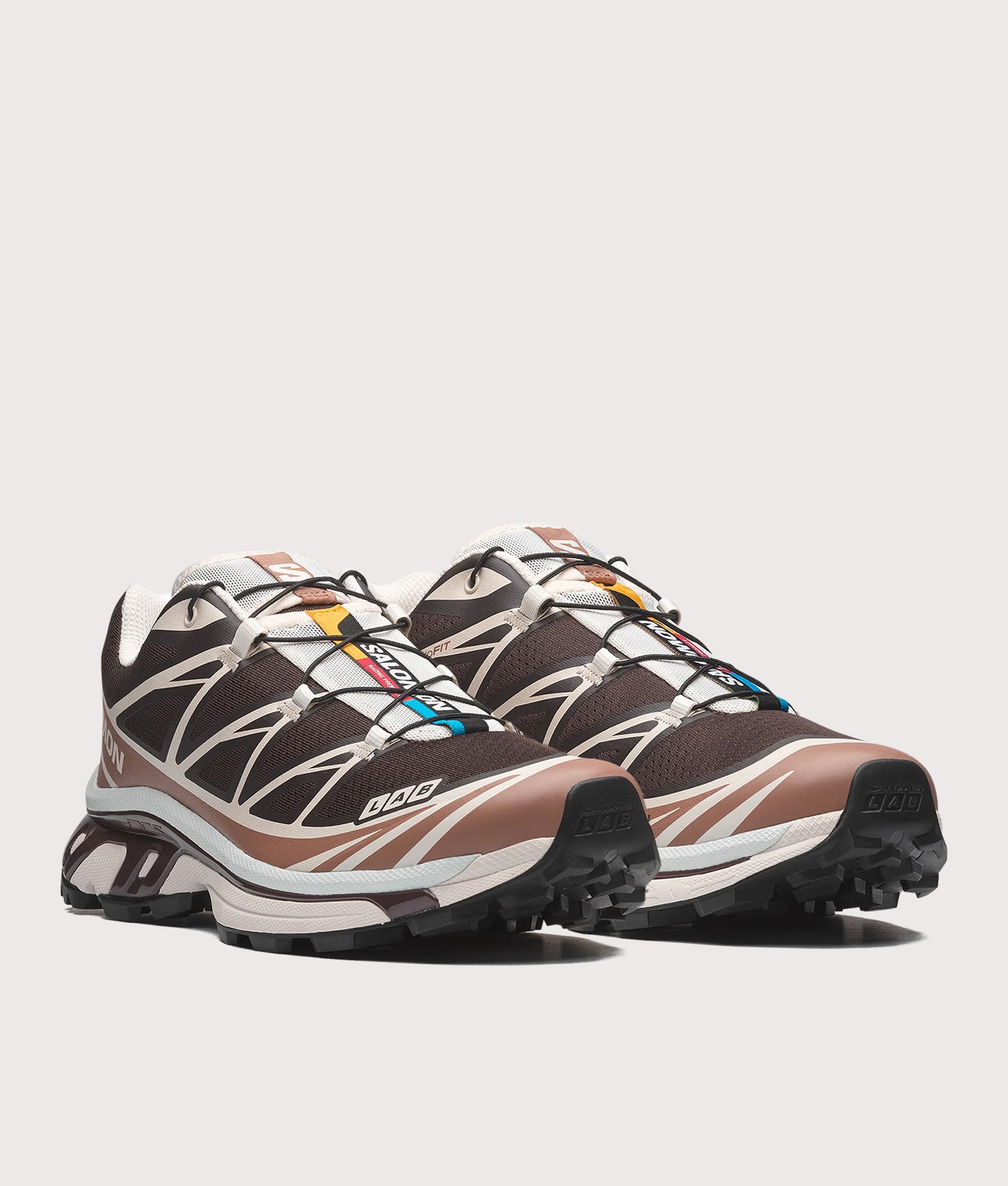 SALOMON XT-6 in Black Coffee, Burro and Bitter Chocolate at EQVVS Menswear. Angled front shot.