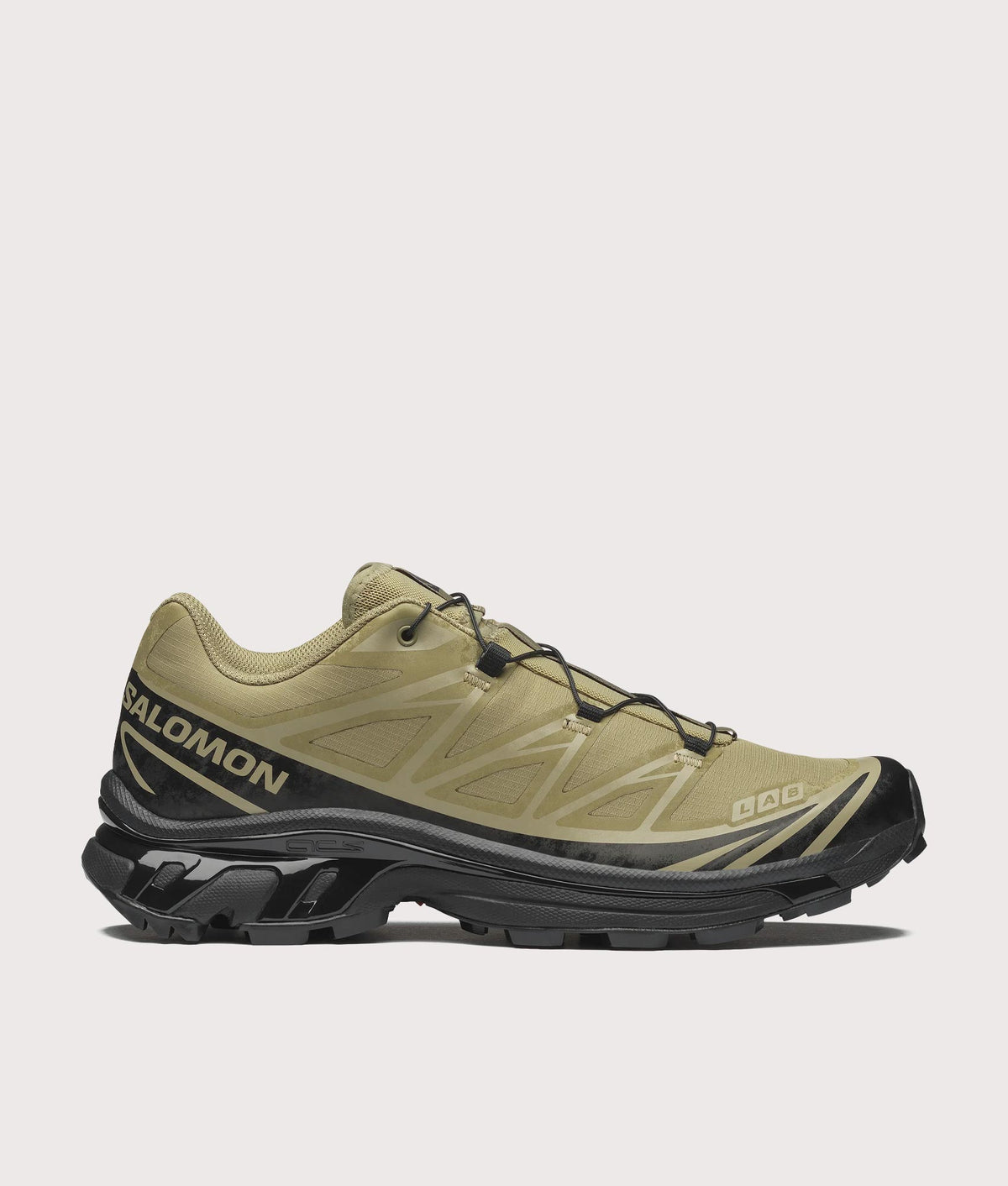 SALOMON XT-6 PROTECTIVE Sneakers in Aloe, Black and Silver Sage at EQVVS Menswear. Side shot.