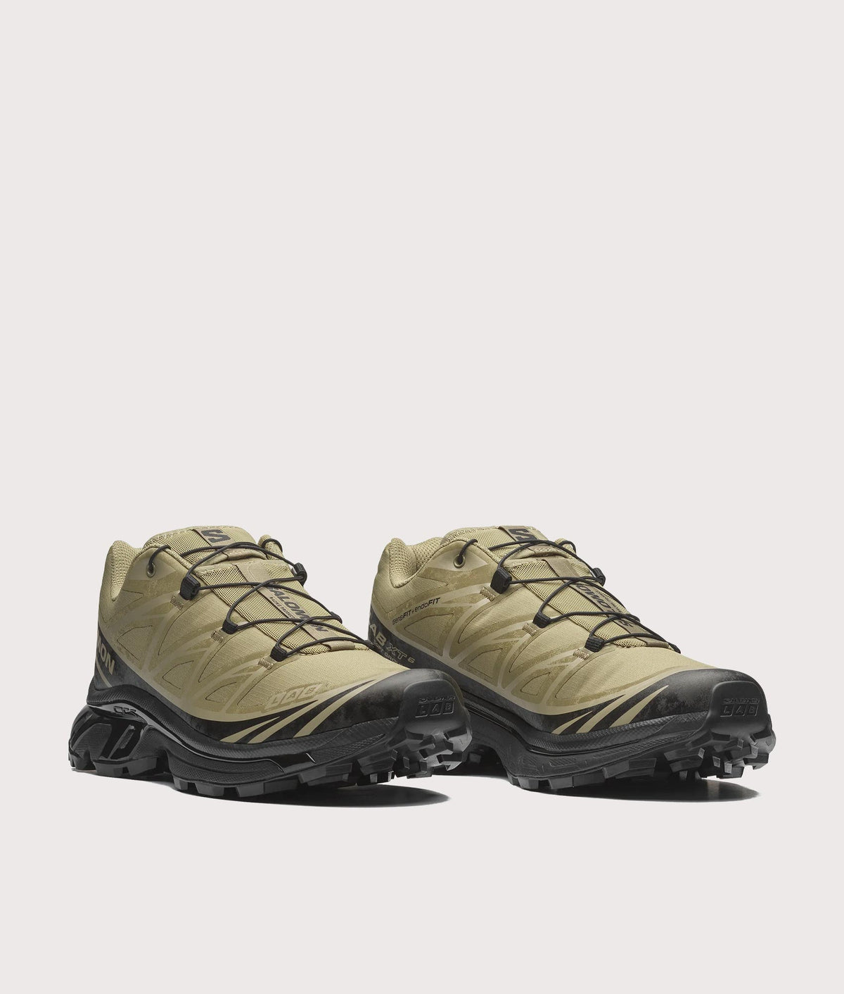 SALOMON XT-6 PROTECTIVE Sneakers in Aloe, Black and Silver Sage at EQVVS Menswear. Angled front shot.