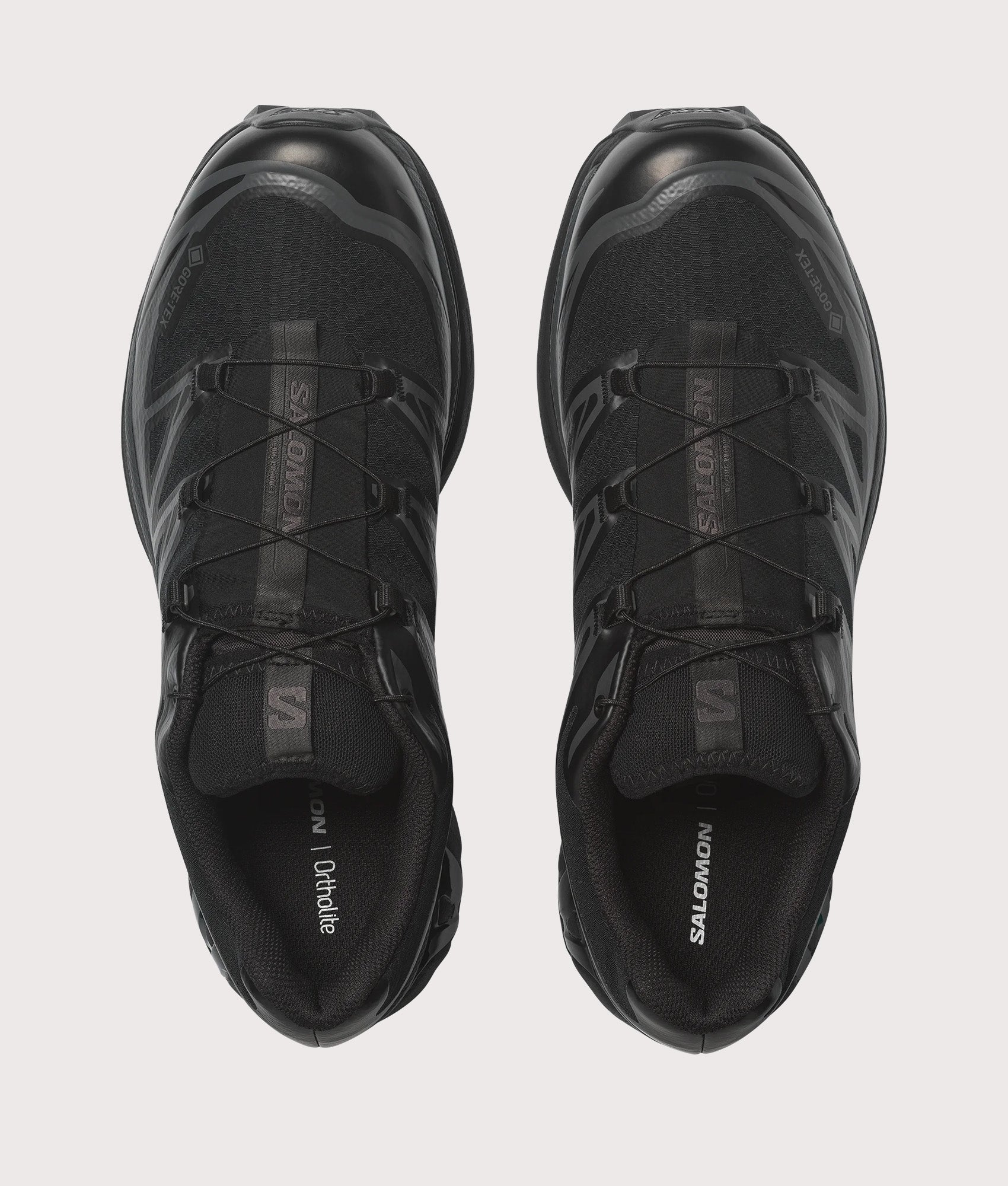 SALOMON XT-6 GTX Sneakers in Black and Asphalt at EQVVS Menswear. Top shot.