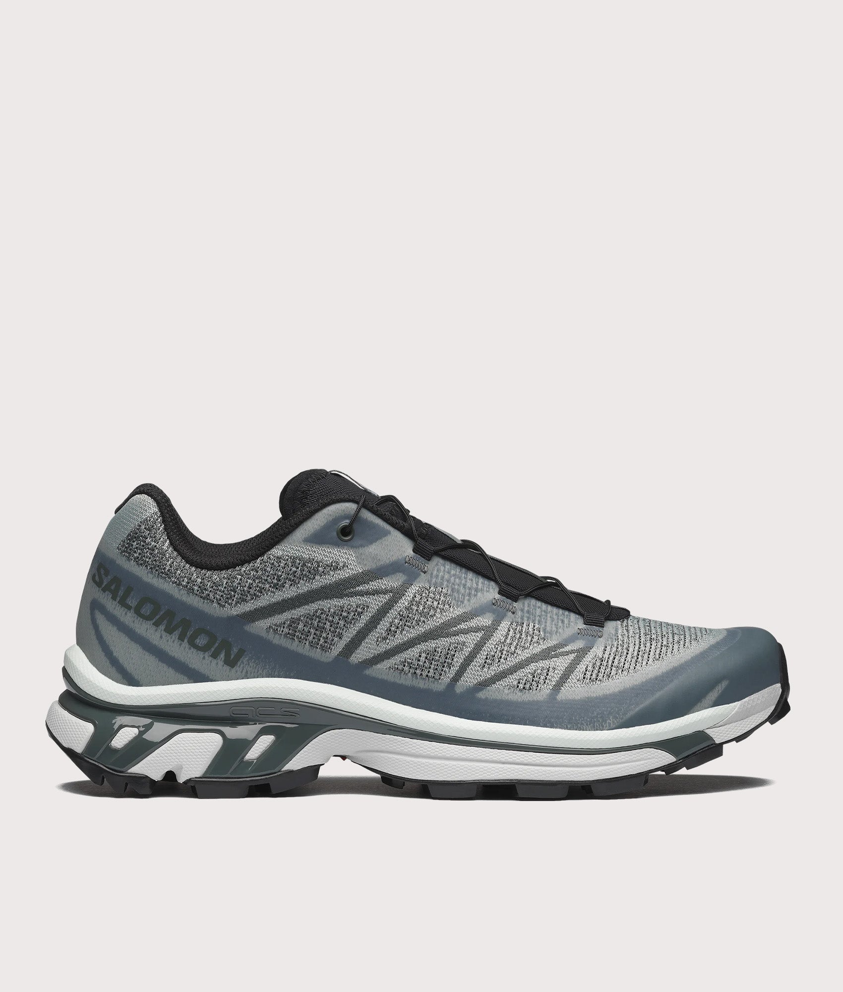 Salomon XT-6 SHADOW Sneakers in Wrought Iron, Urban Chic and Clearly Aqua at EQVVS Menswear. Side shot.