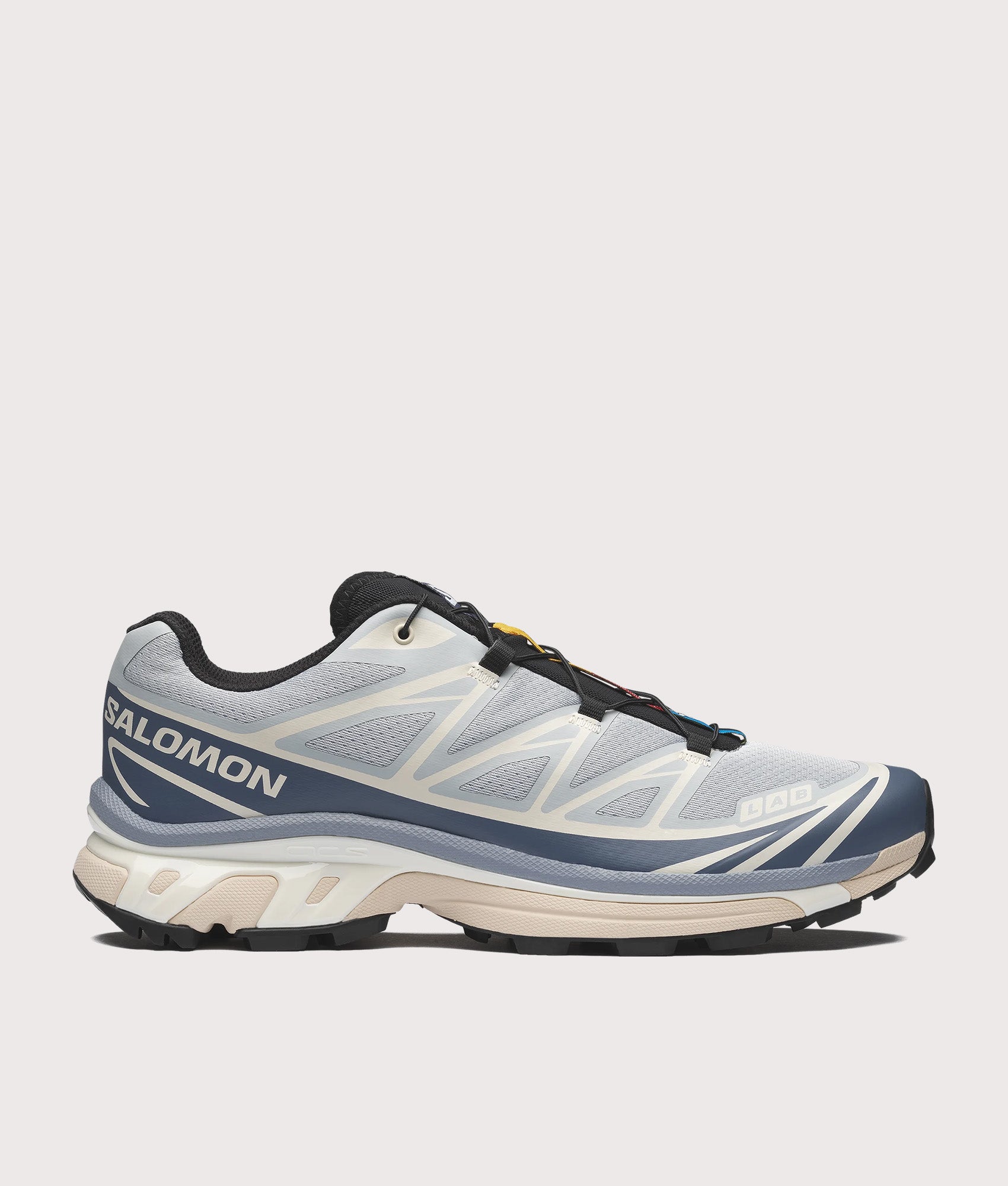 SALOMON XT-6  in Pearl Blue, Grisaille and Vanila  at EQVVS Menswear. Side shot.