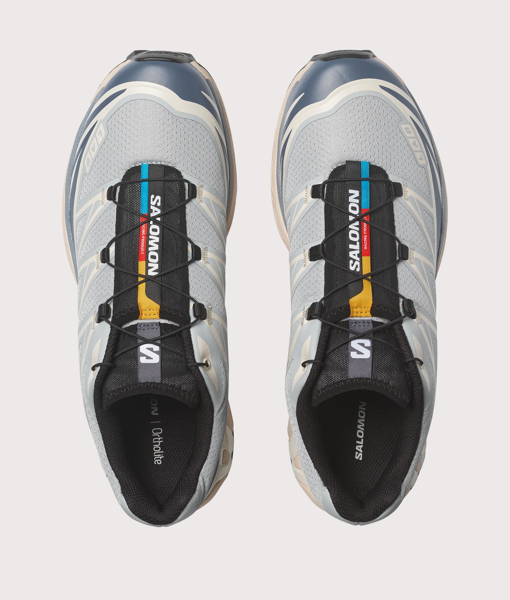 SALOMON XT-6  in Pearl Blue, Grisaille and Vanila  at EQVVS Menswear. Top shot.