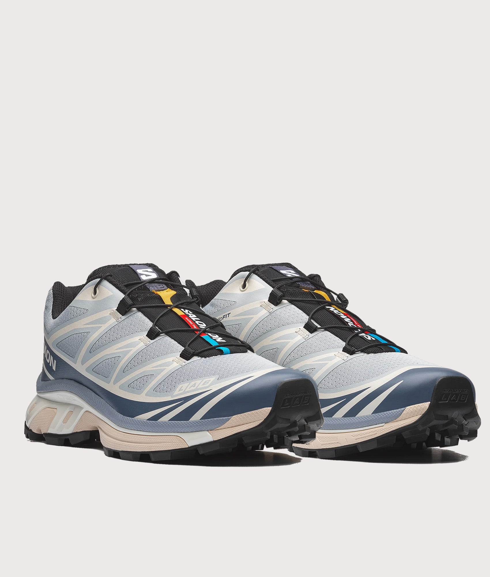 SALOMON XT-6  in Pearl Blue, Grisaille and Vanila  at EQVVS Menswear. Angled front shot.
